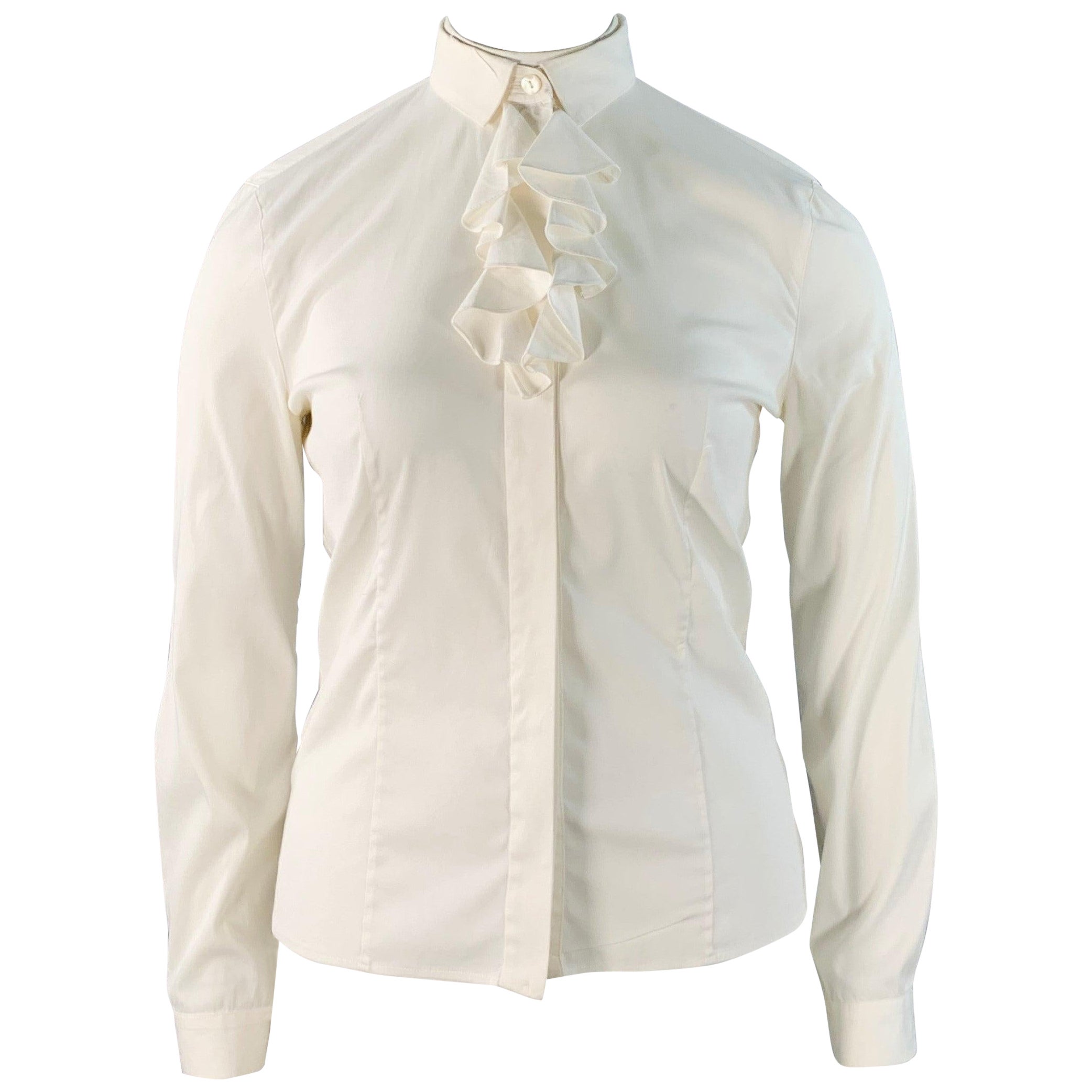 PRADA Size L Cream Cotton Blend Ruffled Hidden Buttons Shirt For Sale