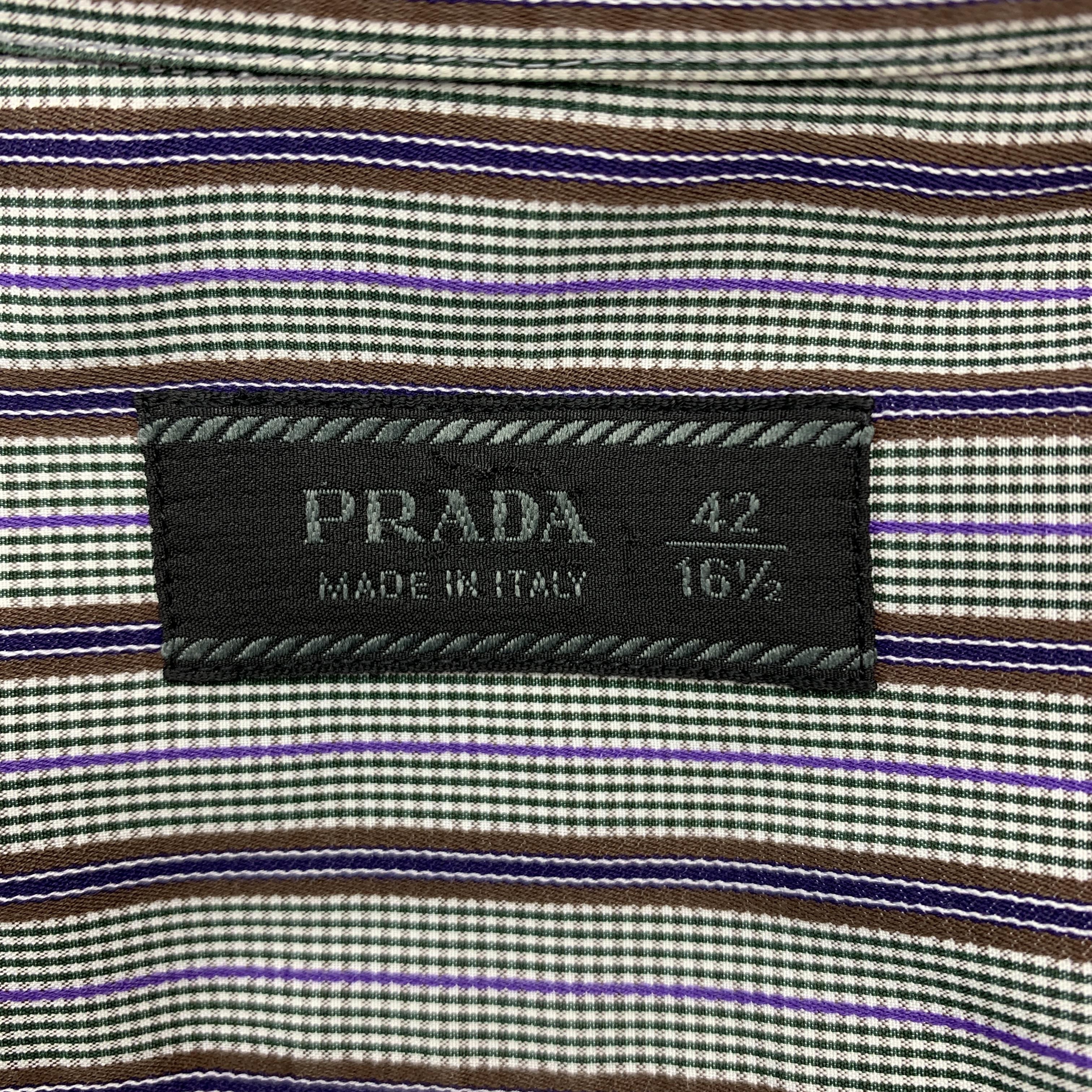 PRADA Size L Gray Brown Green & Purple Stripe Cotton Long Sleeve Shirt 1