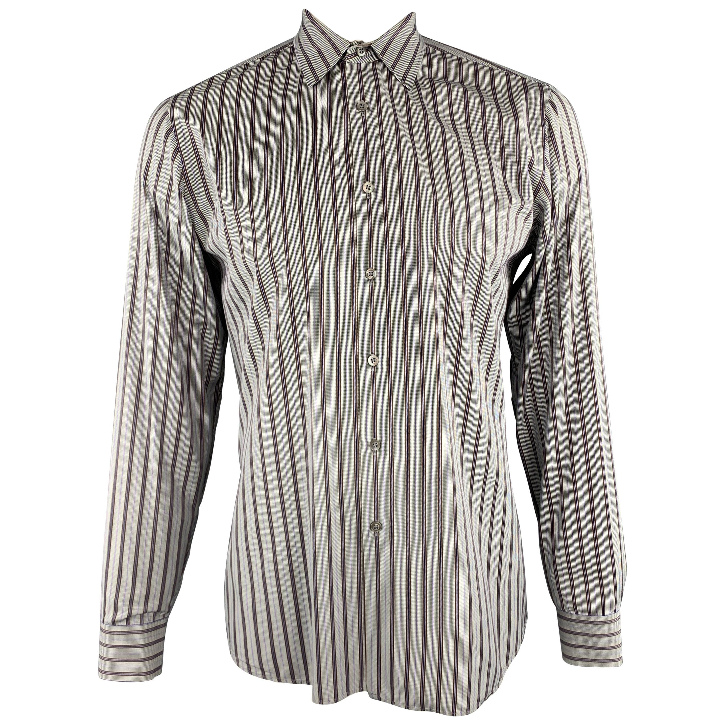 PRADA Size L Gray Brown Green & Purple Stripe Cotton Long Sleeve Shirt