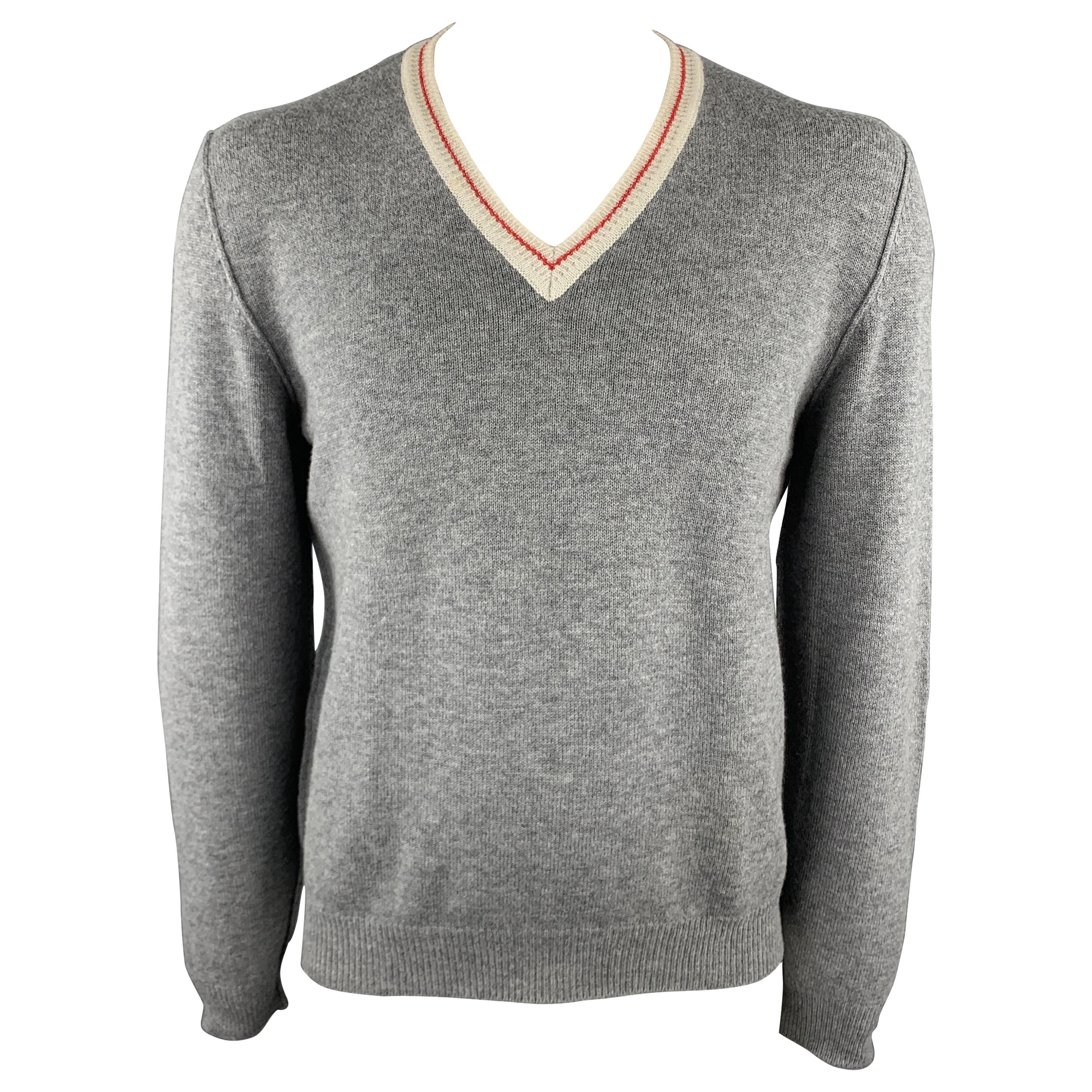 PRADA Size L Gray Wool V-Neck Beige Trim Elbow Patch Pullover Sweater at  1stDibs