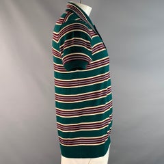 PRADA Size L Green Burgundy & White Stripe Virgin Wool / Silk Half Placket Polo