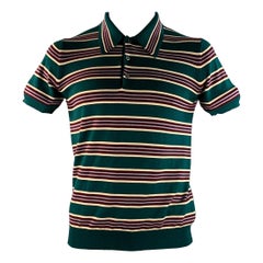 PRADA Size L Green Burgundy & White Stripe Virgin Wool / Silk Half Placket Polo