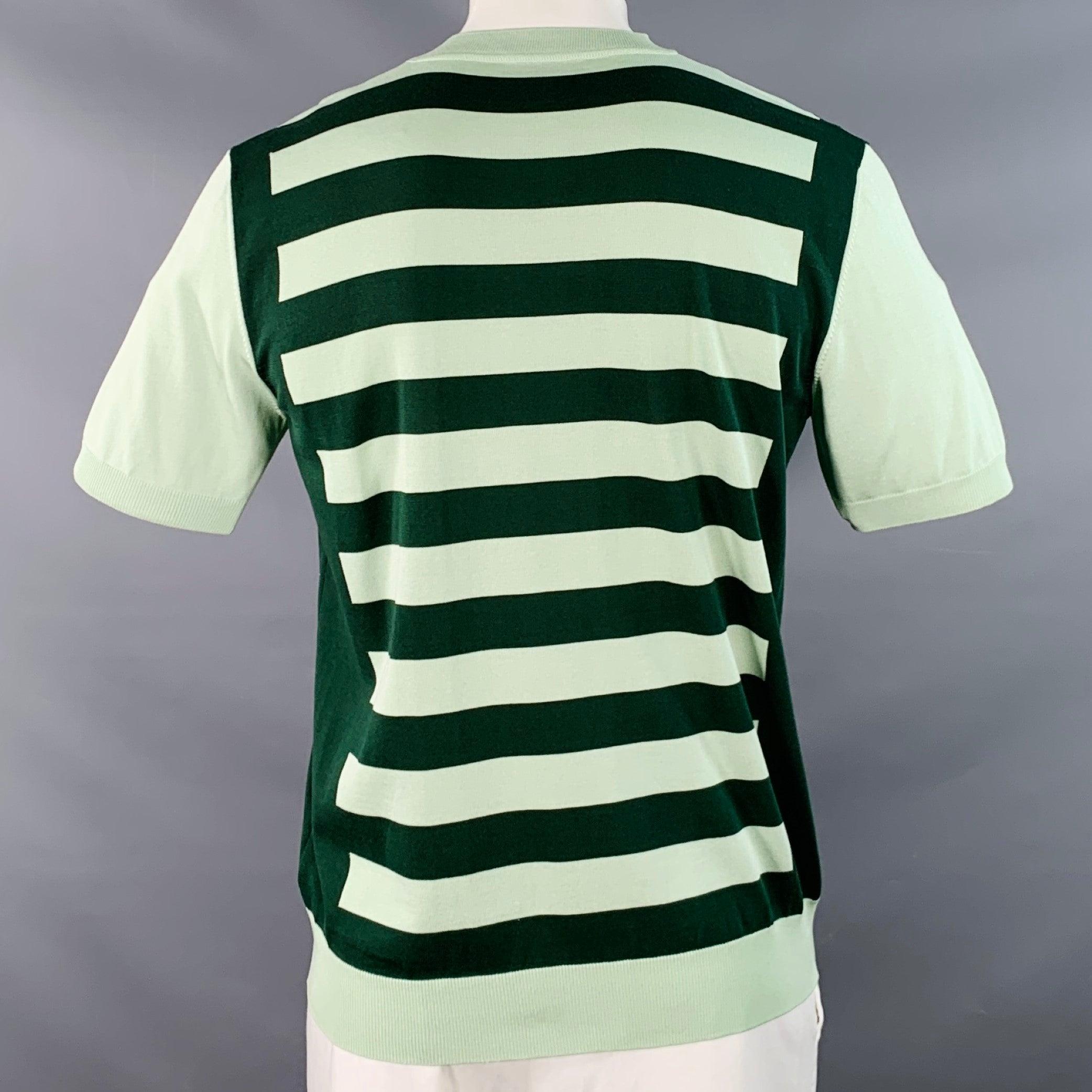 De los hombres PRADA Talla L Verde Verde Claro Jersey Rayas Seda Algodón Jersey Manga Corta en venta