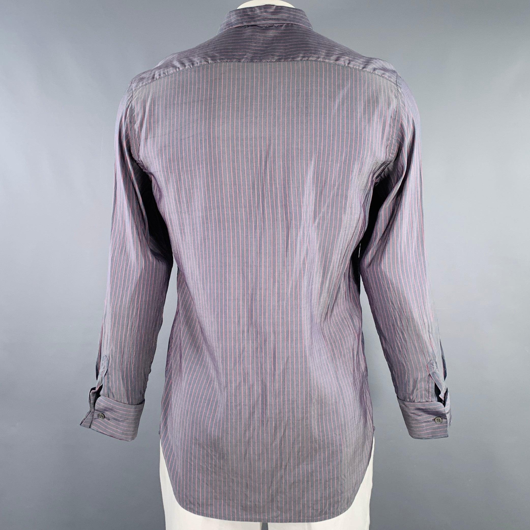 PRADA - Chemise à manches longues boutonnée en soie à rayures grises et roses, taille L Excellent état - En vente à San Francisco, CA