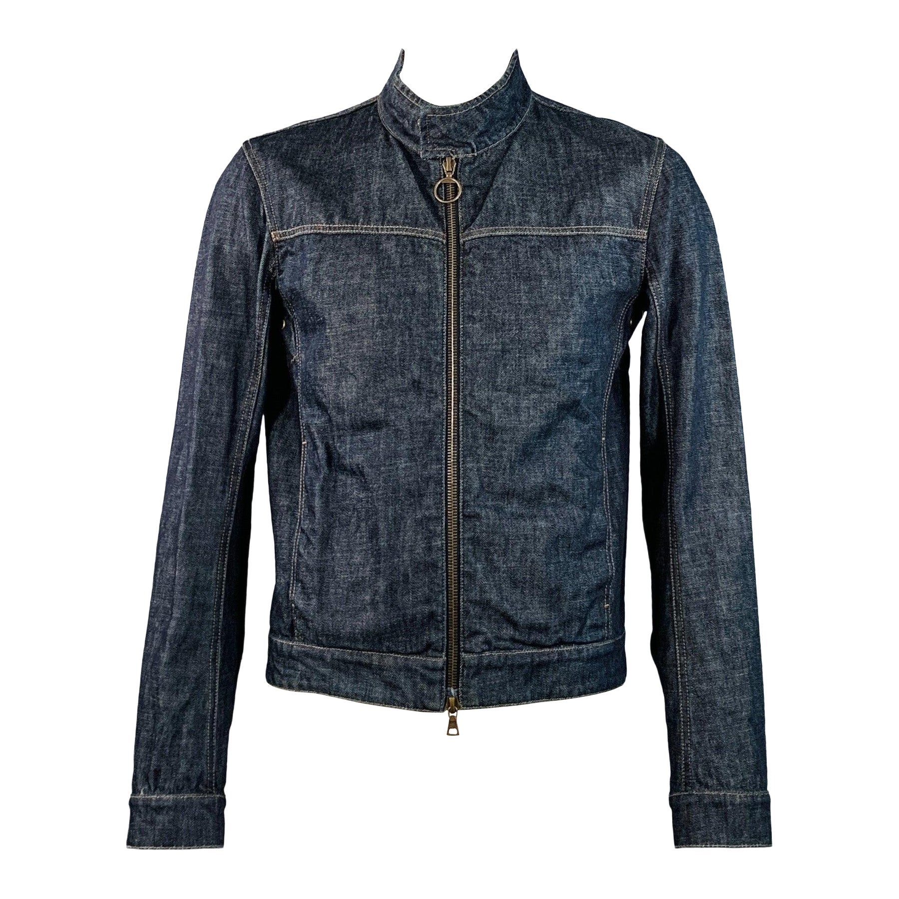 PRADA Size L Indigo Cotton Denim Twill Contrast Stitch Zip Up Jacket For Sale