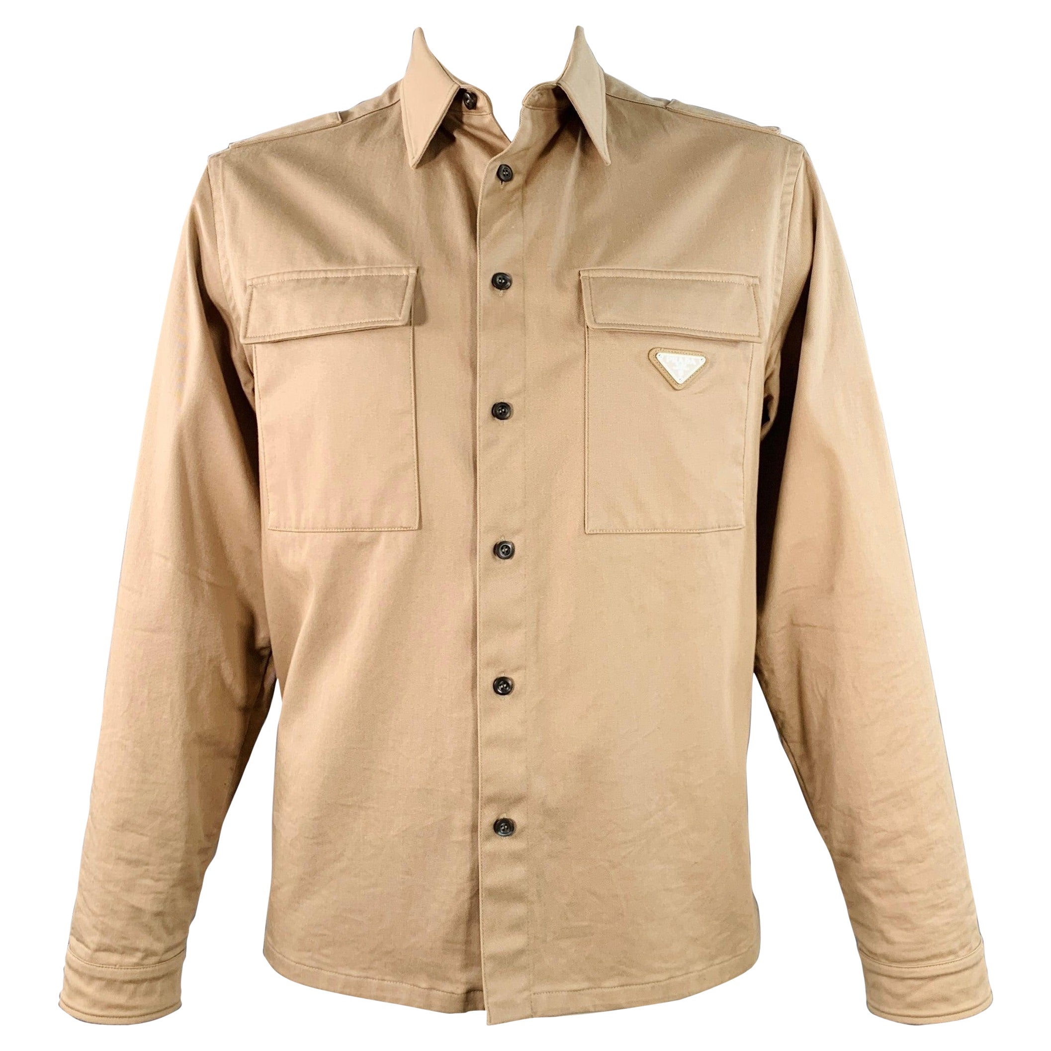 PRADA Taglia L Khaki Miscela di Cotone Due Tasche Camicia Giacca