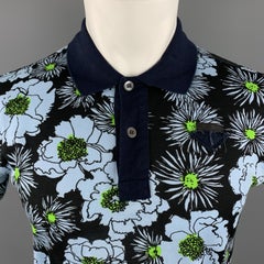 PRADA Size L Navy Blue & Green Floral Cotton Buttoned Polo