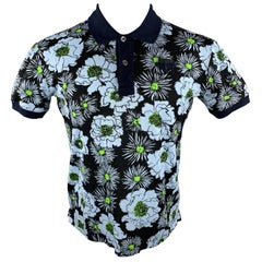 PRADA Size L Navy Blue & Green Floral Cotton Buttoned Polo