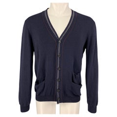 PRADA Size L Navy Contrast Trim Wool V-Neck Cardigan