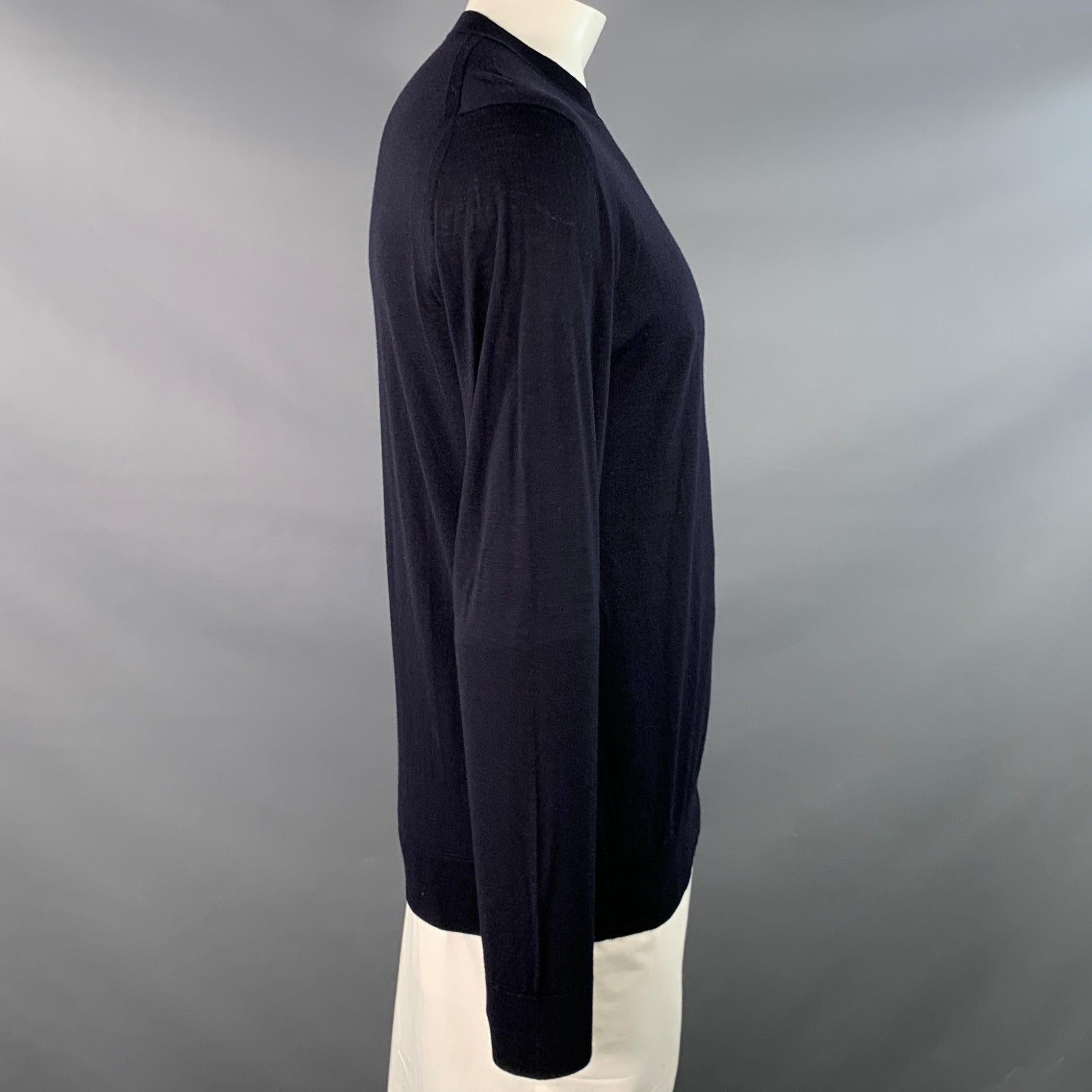 Nero PRADA Taglia L Maglia bianca Navy Logo Lana Vergine Pullover Manica Lunga in vendita