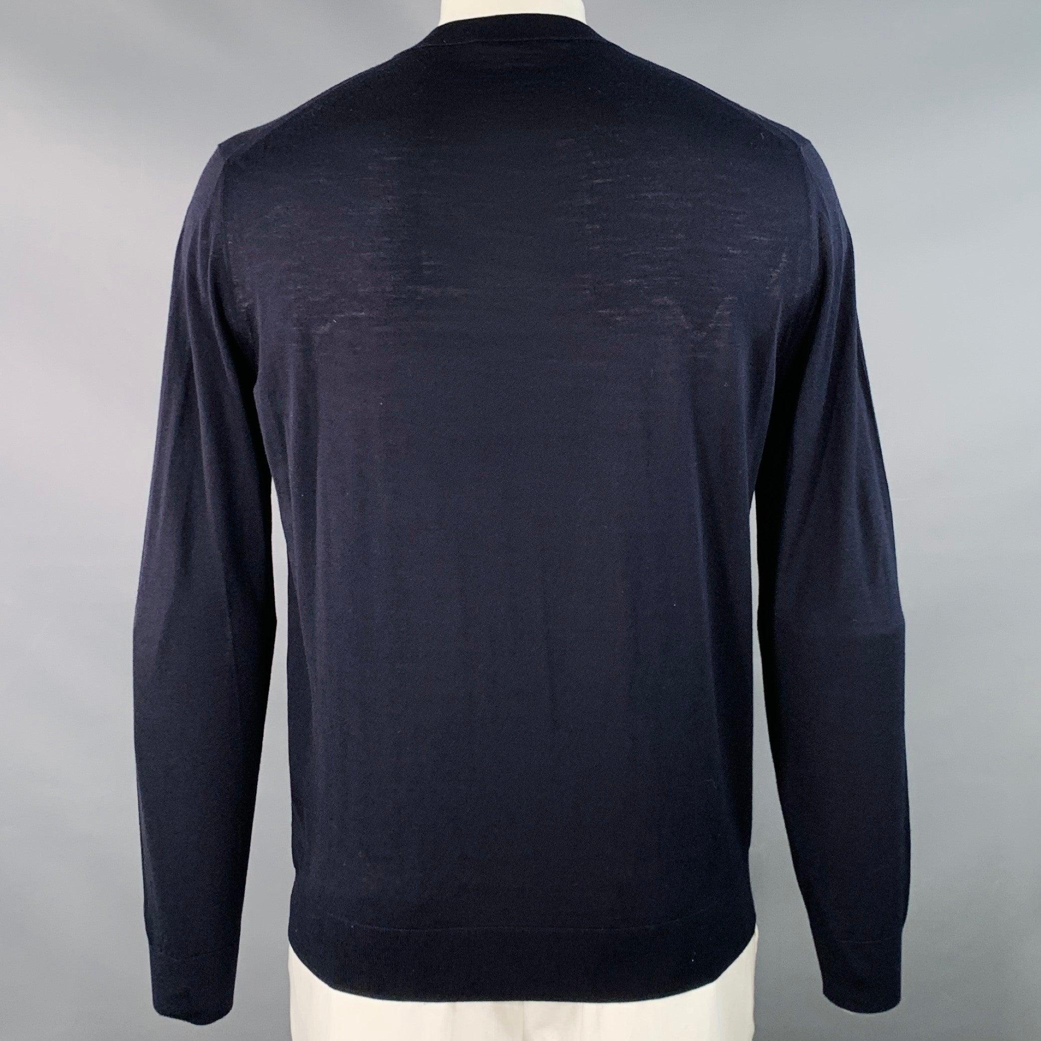 PRADA Taglia L Maglia bianca Navy Logo Lana Vergine Pullover Manica Lunga In condizioni ottime in vendita a San Francisco, CA