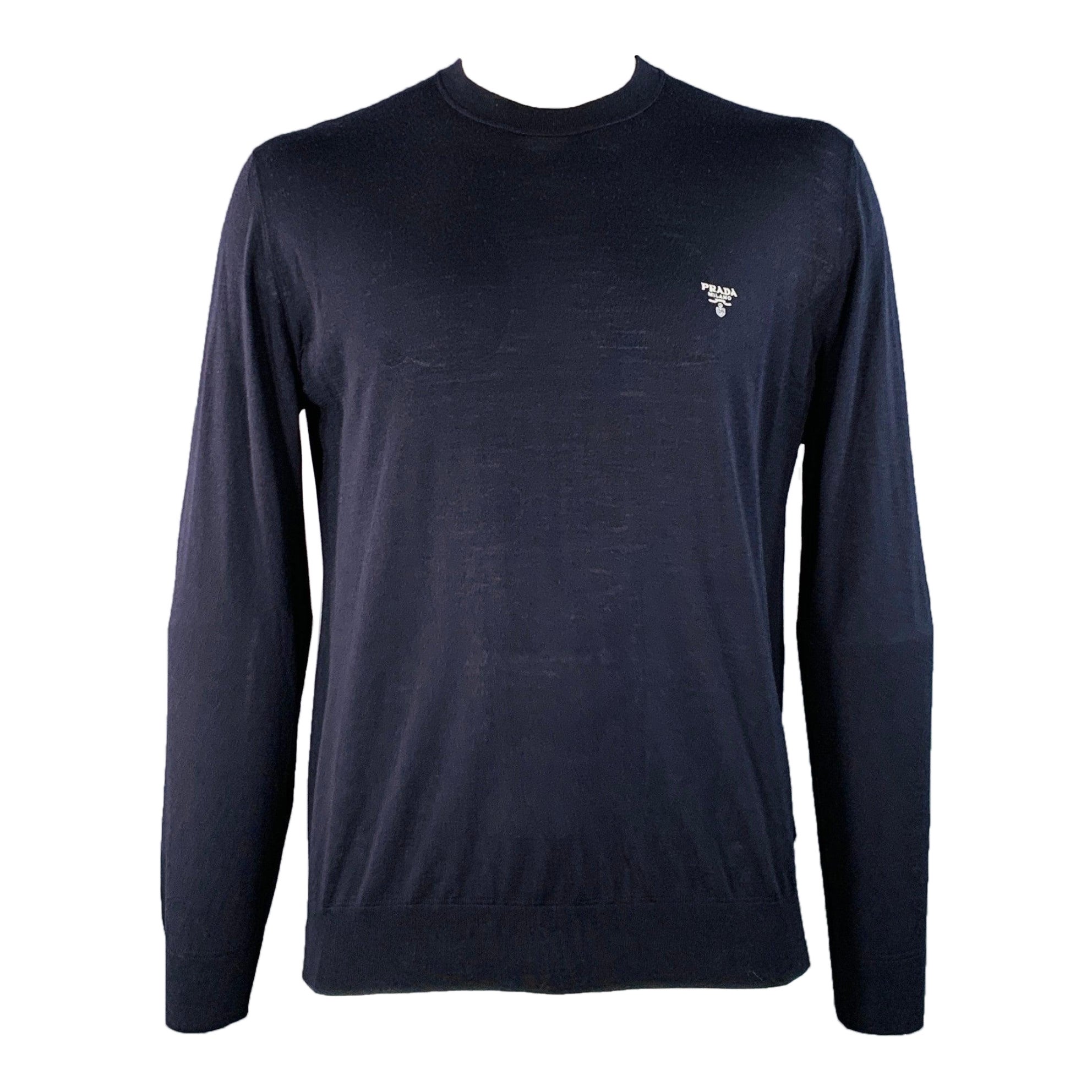 PRADA Size L Navy White Jersey Virgin Wool Logo Long Sleeve Pullover (Pull à manches longues en laine vierge)