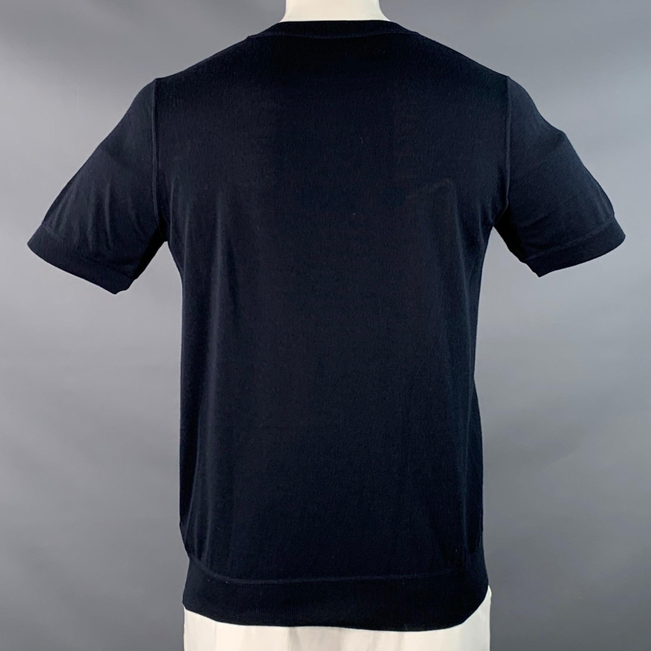 PRADA Größe L Navy Weiß Logo Kaschmir Wolle Jersey Kurzarm Rundhalsausschnitt Pullover im Zustand „Hervorragend“ im Angebot in San Francisco, CA
