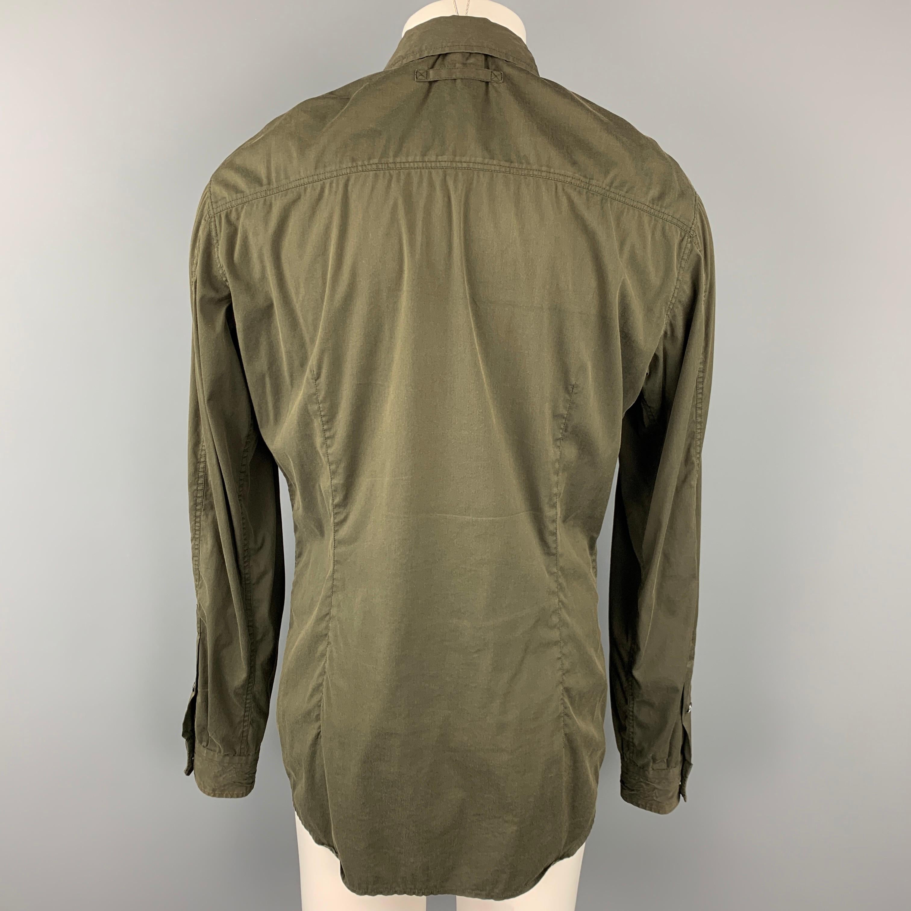 Brown PRADA Size L Olive Cotton Blend Snaps Long Sleeve Shirt