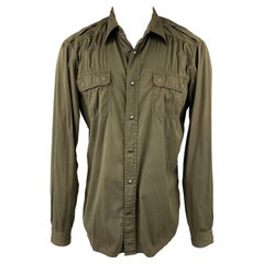 PRADA Size L Olive Cotton Blend Snaps Long Sleeve Shirt