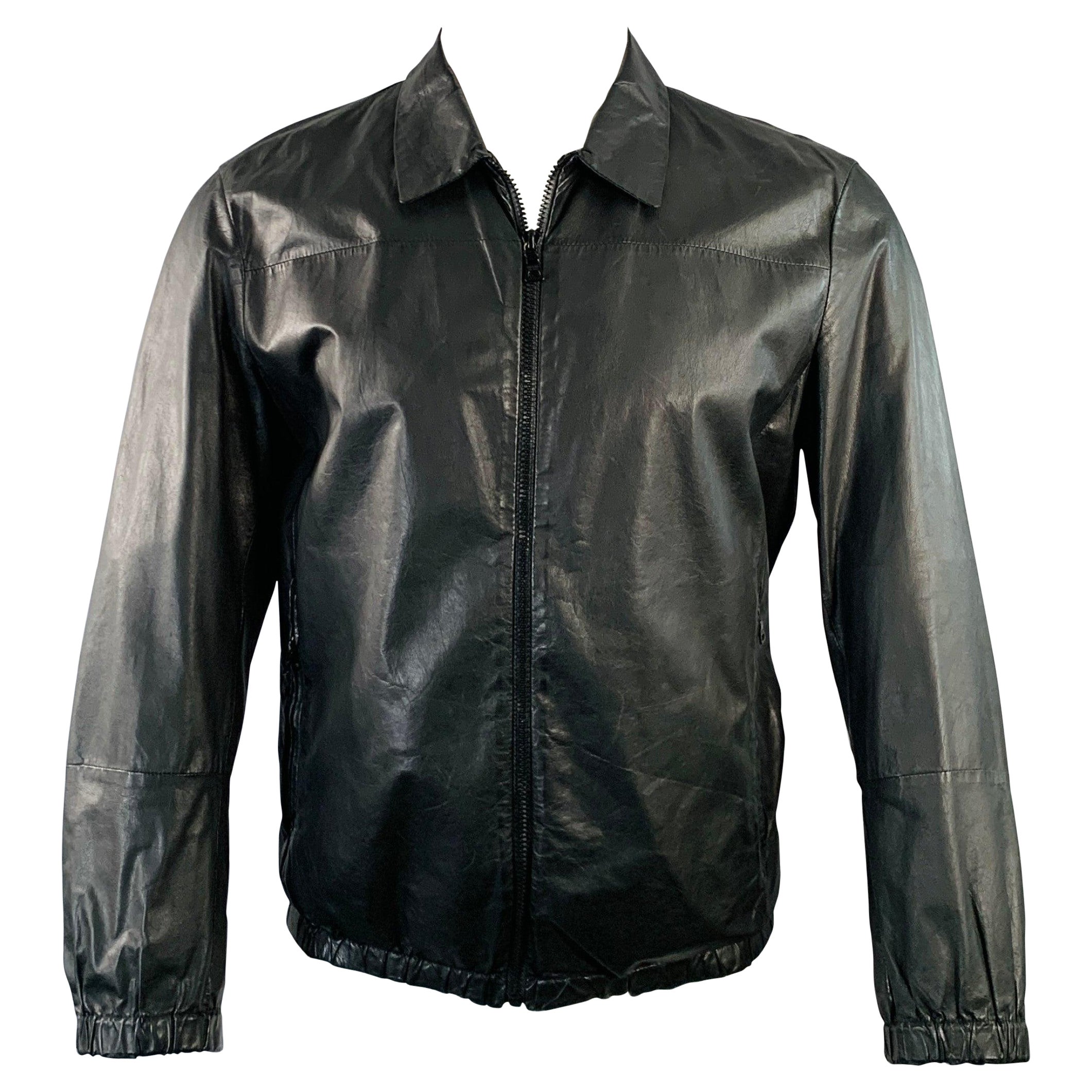 PRADA Size M Black Leather Zip Up Bomber Jacket