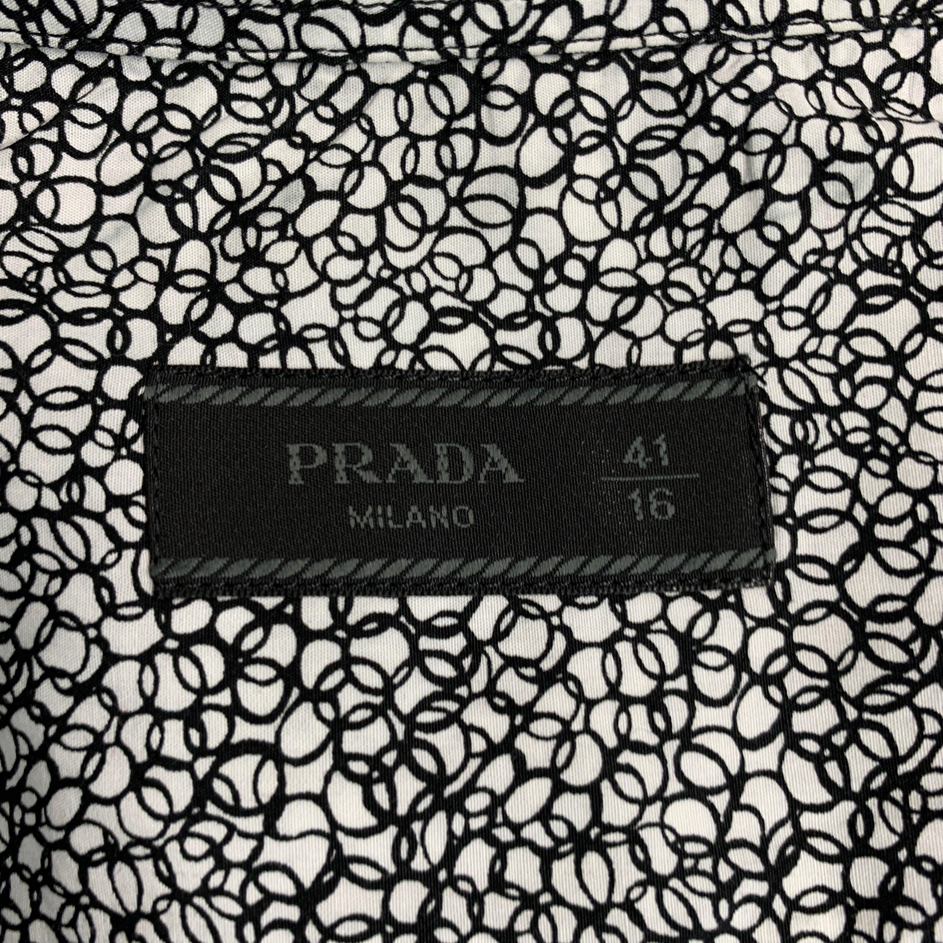PRADA Size M Black White Print Cotton Button Up Short Sleeve Shirt For Sale 1