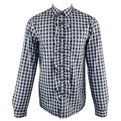 PRADA Size M Blue & Black Gingham Cotton Ruffle Long Sleeve Shirt