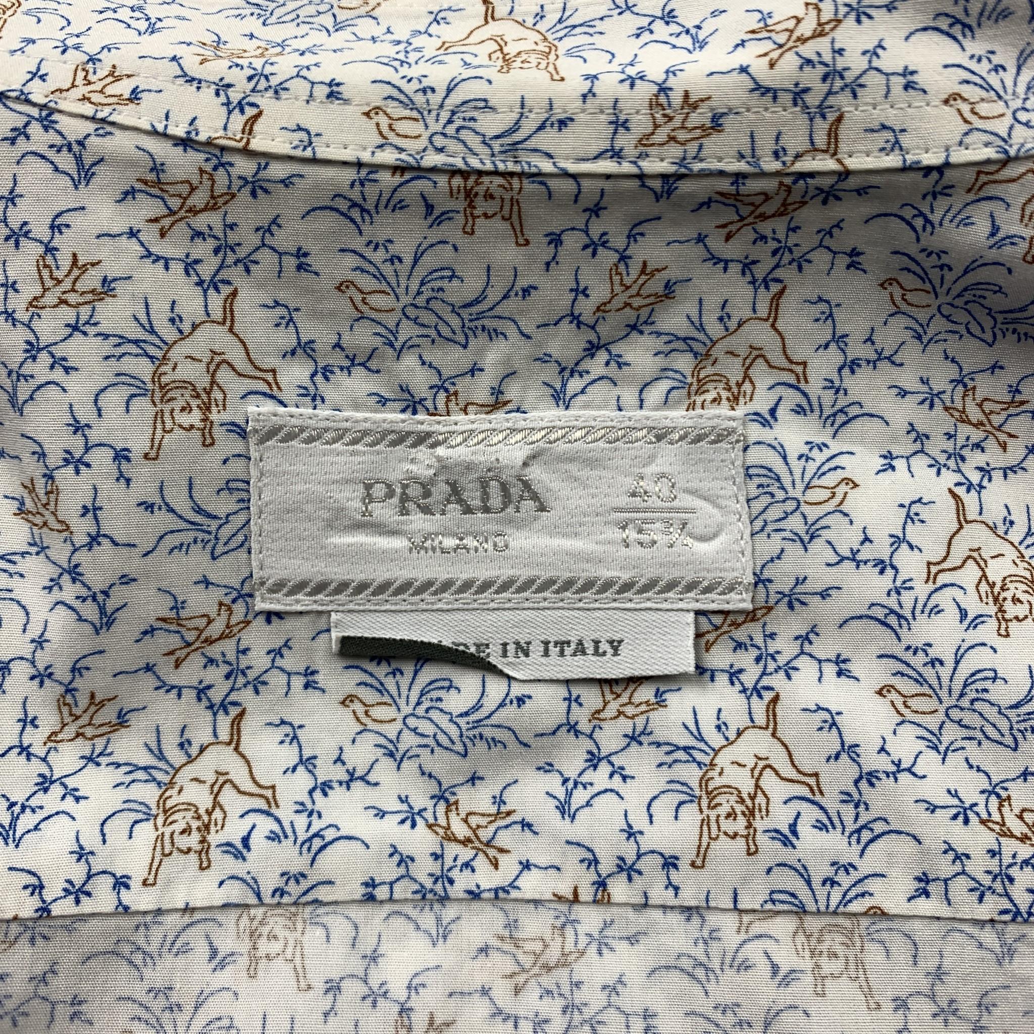 Men's PRADA Size M Blue & Brown Print Cotton Button Up Long Sleeve Shirt