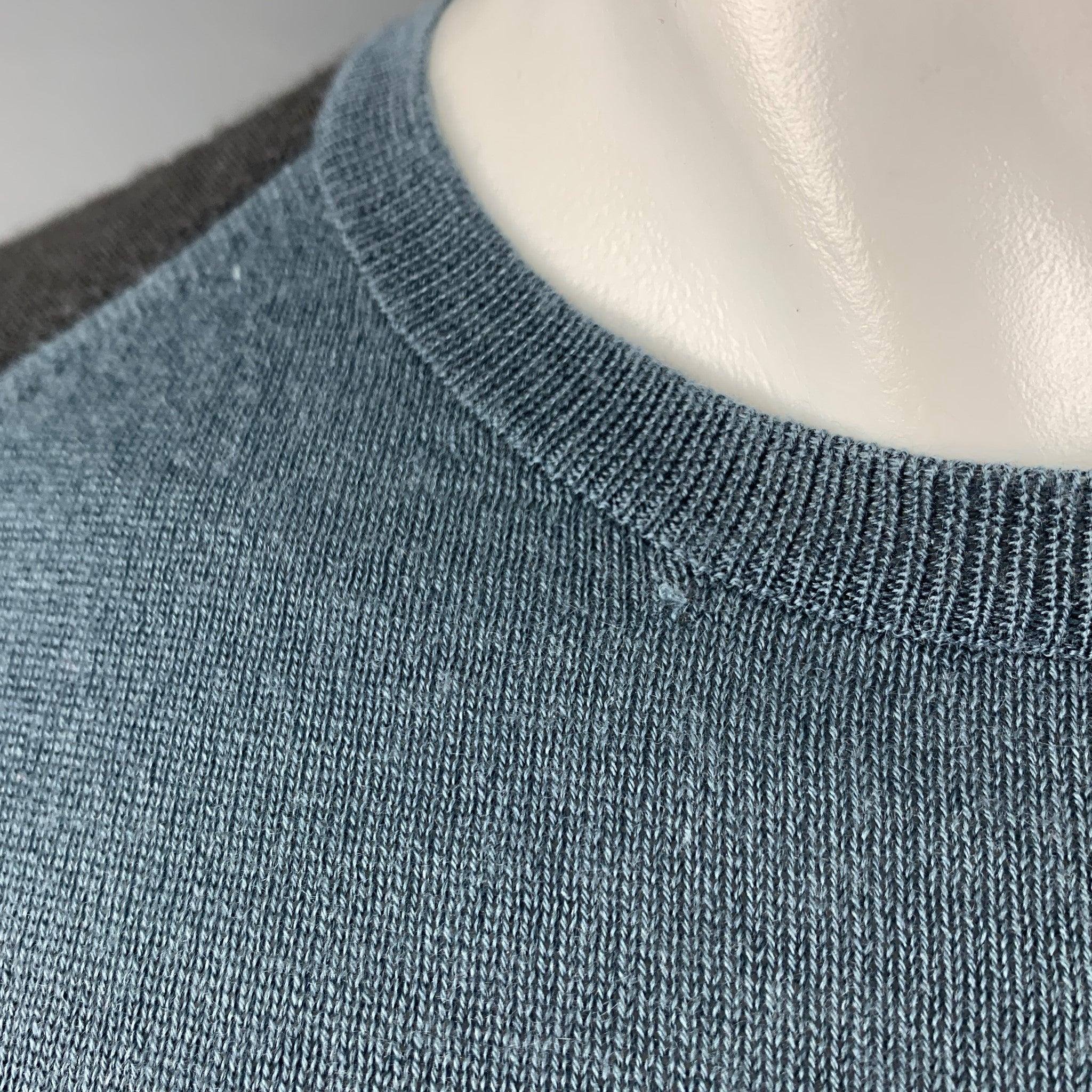 PRADA Size M Blue Grey Color Block Cashmere  Silk Short Sleeve Pullover 1