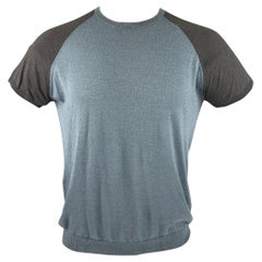 PRADA Size M Blue Grey Color Block Cashmere  Silk Short Sleeve Pullover