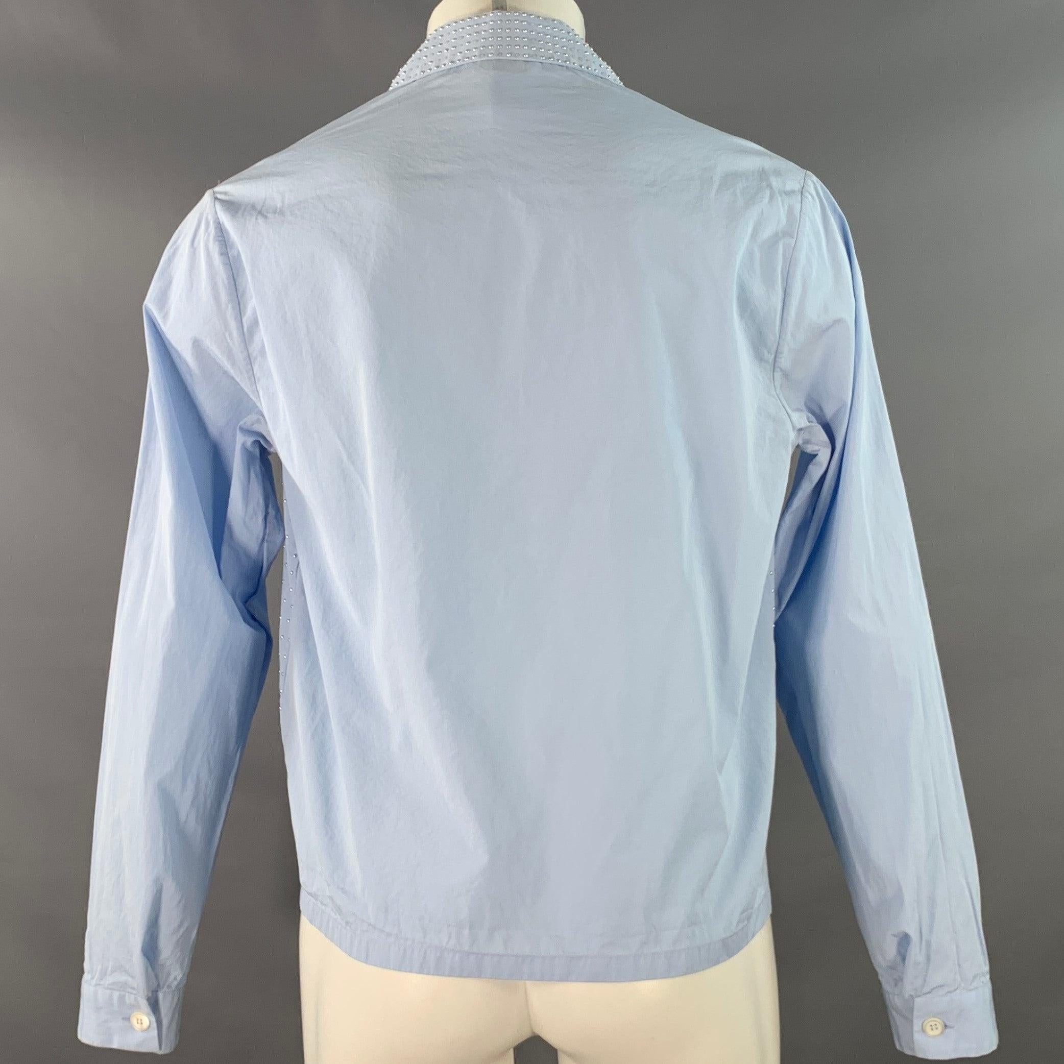 Men's PRADA Size M Blue Silver Studded Cotton Zip Up Long Sleeve Shirt For Sale