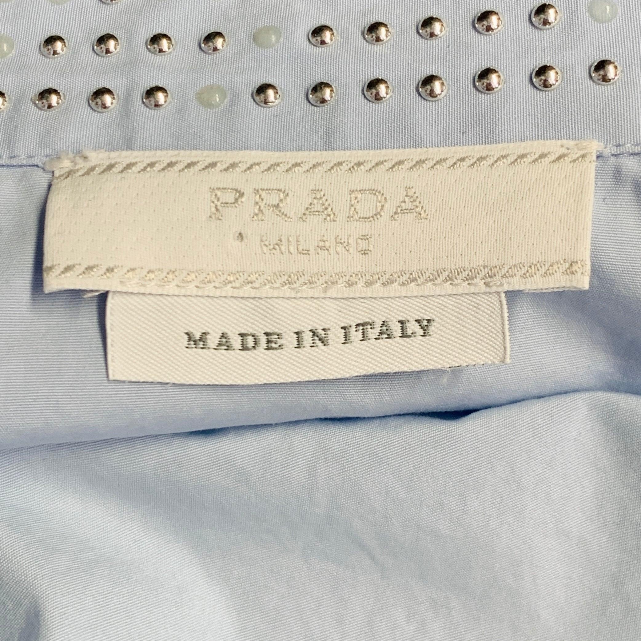 PRADA Size M Blue Silver Studded Cotton Zip Up Long Sleeve Shirt For Sale 1