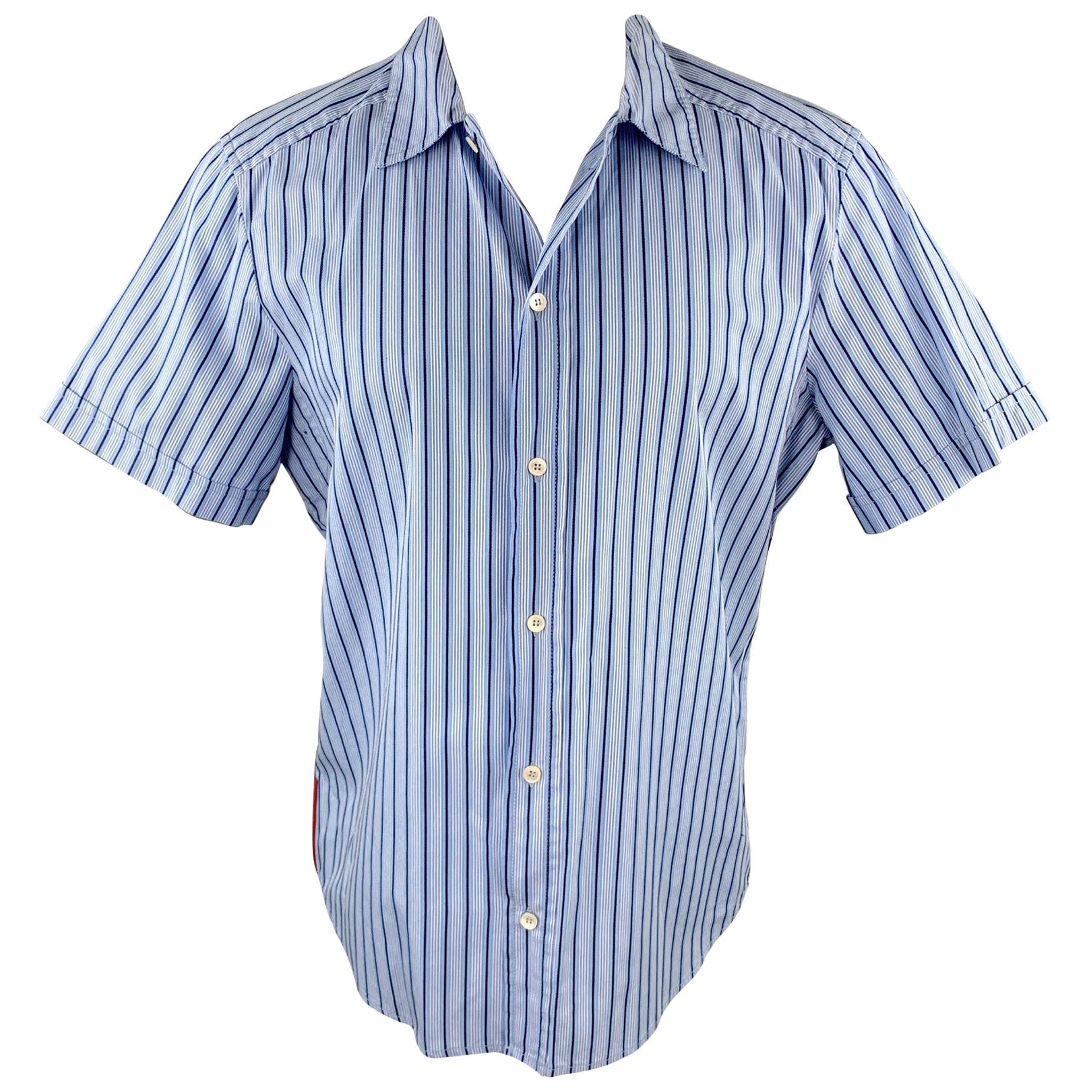 PRADA Size M Blue Stripe Cotton Button Up Short Sleeve Shirt