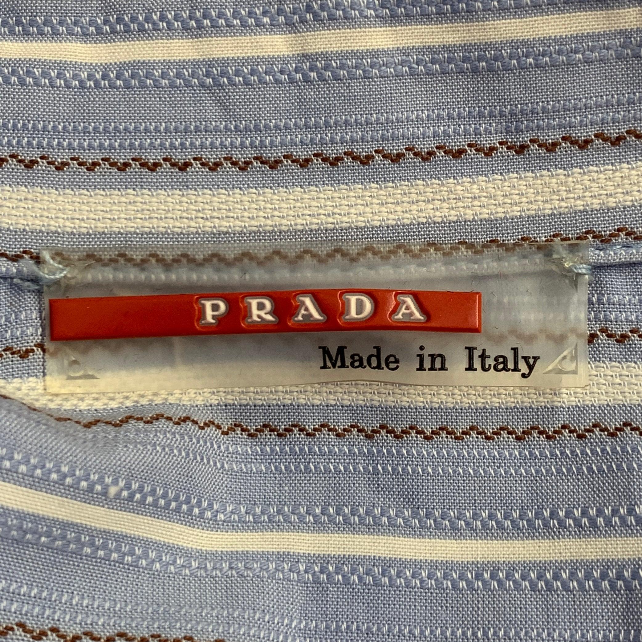 PRADA Size M Blue White Brown Stripe Jacquard Cotton Blend Long Sleeve Shirt (Chemise à manches longues en coton mélangé) Pour hommes en vente
