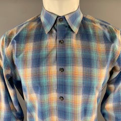 PRADA Size M Blue Yellow Plaid Cutaway Long Sleeve Shirt