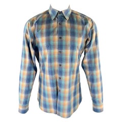 PRADA Size M Blue Yellow Plaid Cutaway Long Sleeve Shirt