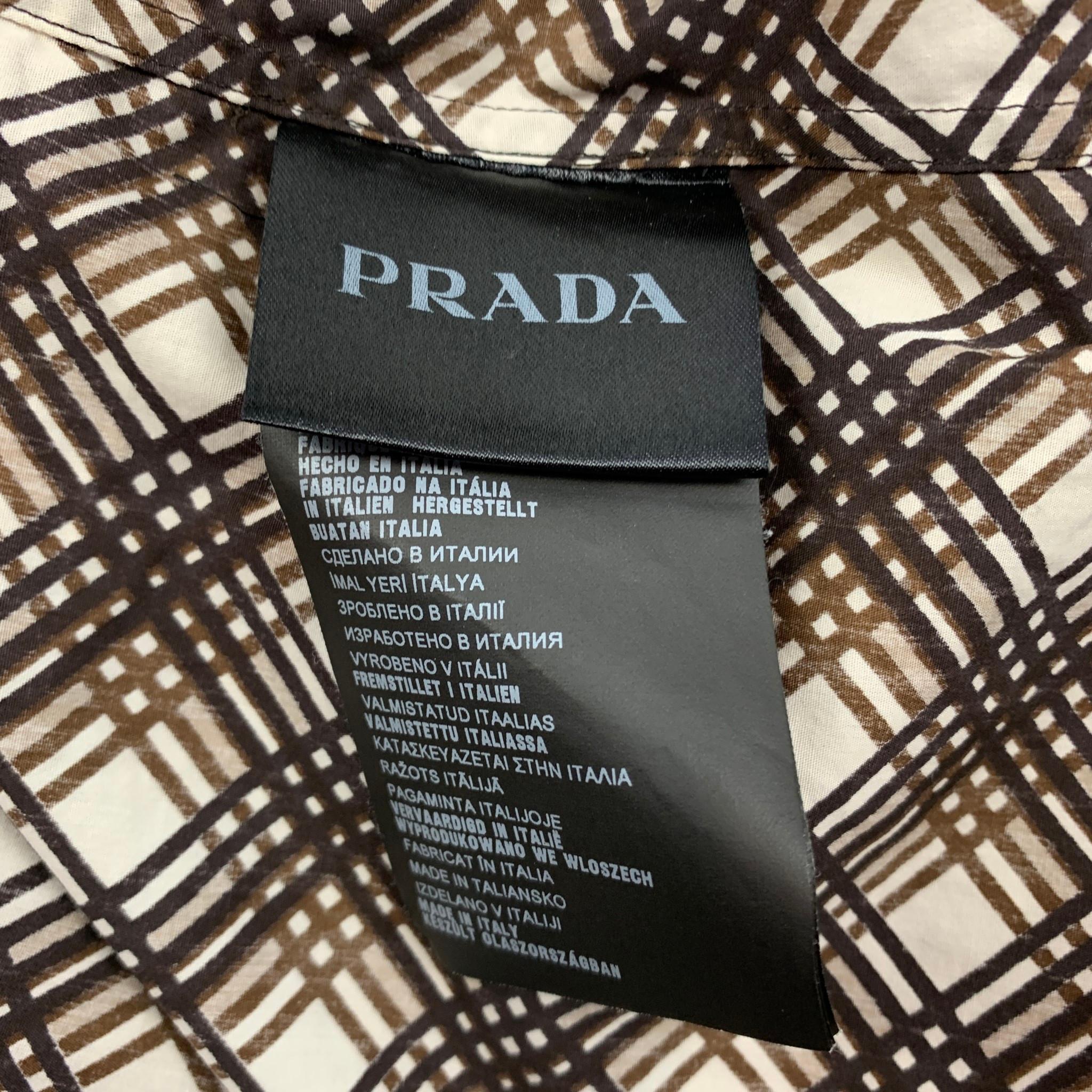 Black PRADA Size M Brown & White Plaid Cotton Button Up Long Sleeve Shirt