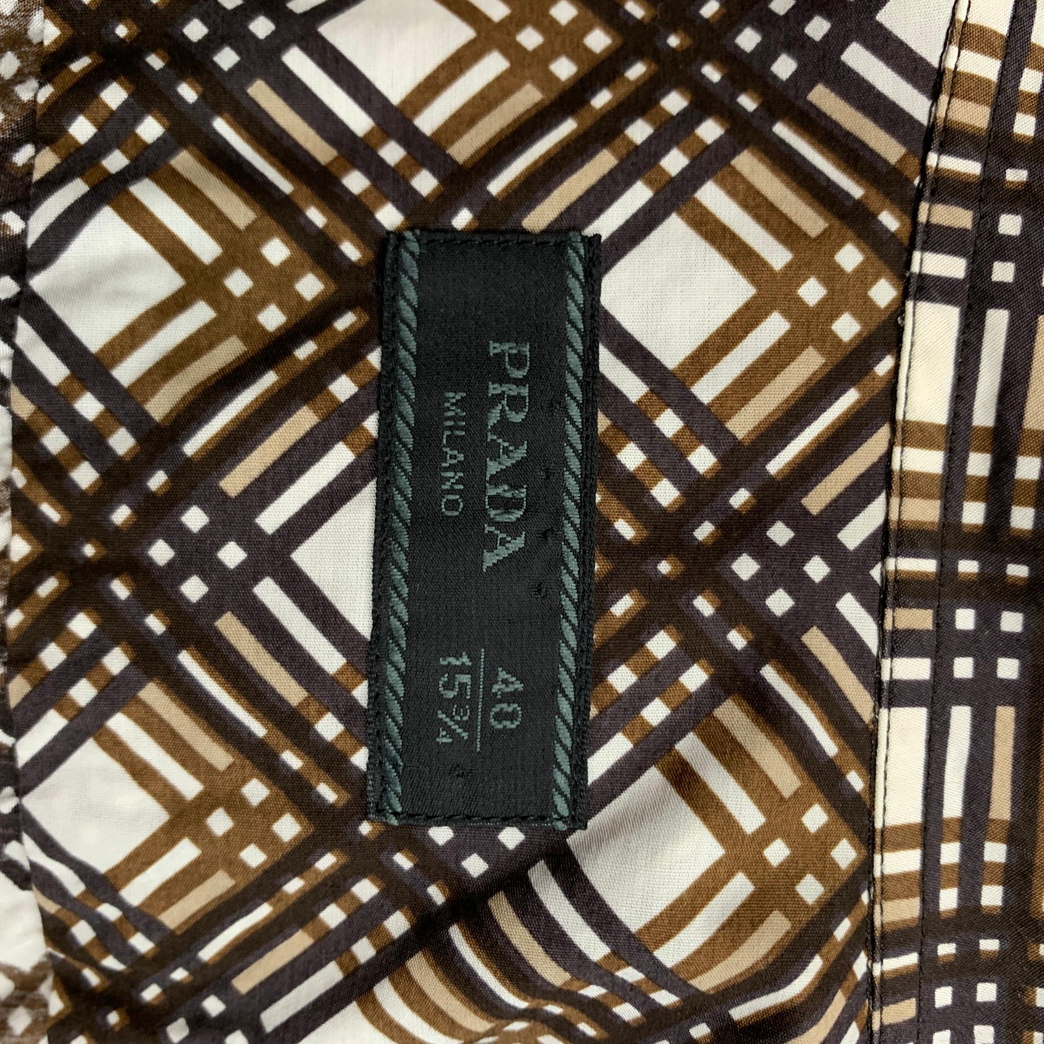 PRADA Size M Brown & White Plaid Cotton Button Up Long Sleeve Shirt In Good Condition In San Francisco, CA