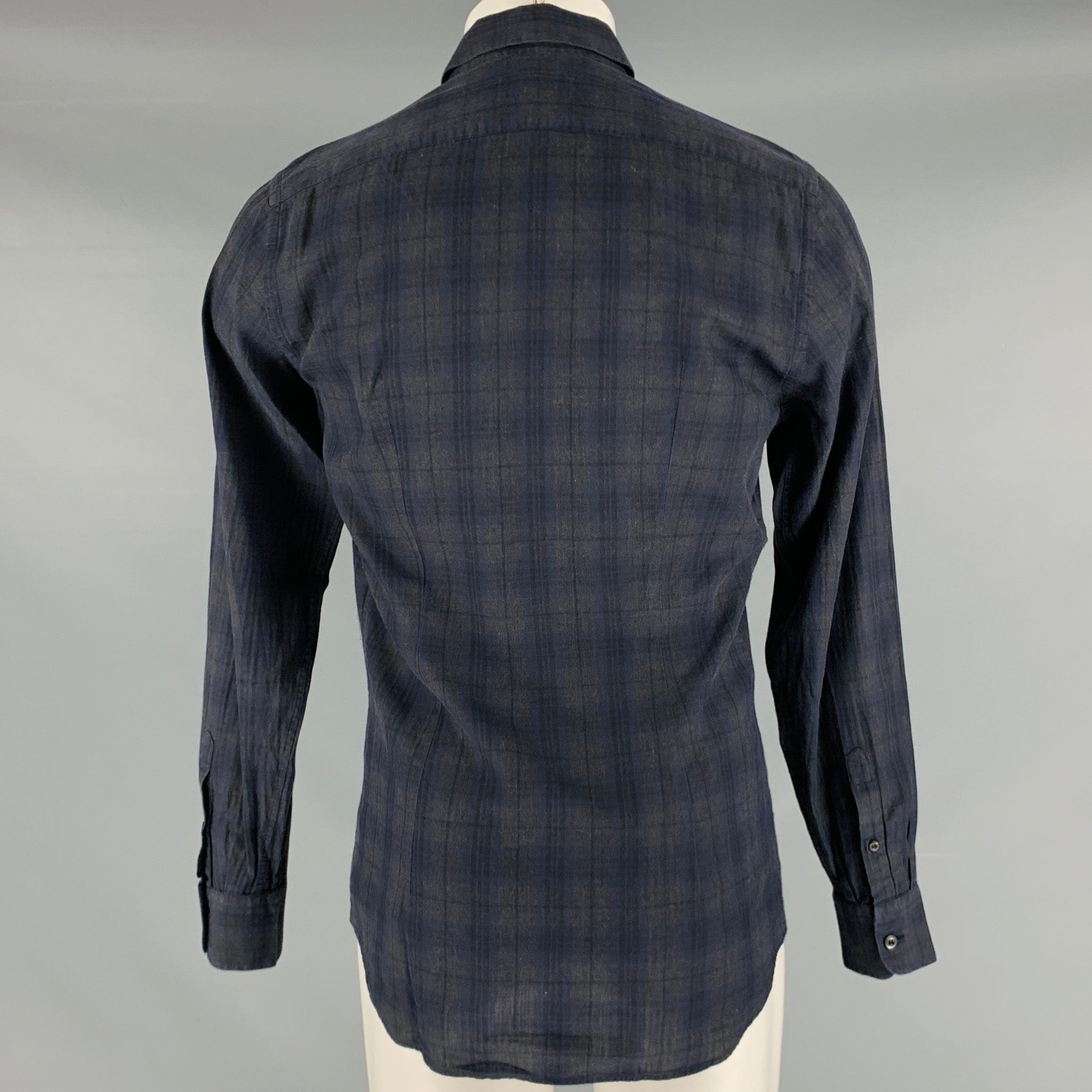 PRADA Size M Charcoal Navy Plaid Cotton Button Up Long Sleeve Shirt In Good Condition For Sale In San Francisco, CA