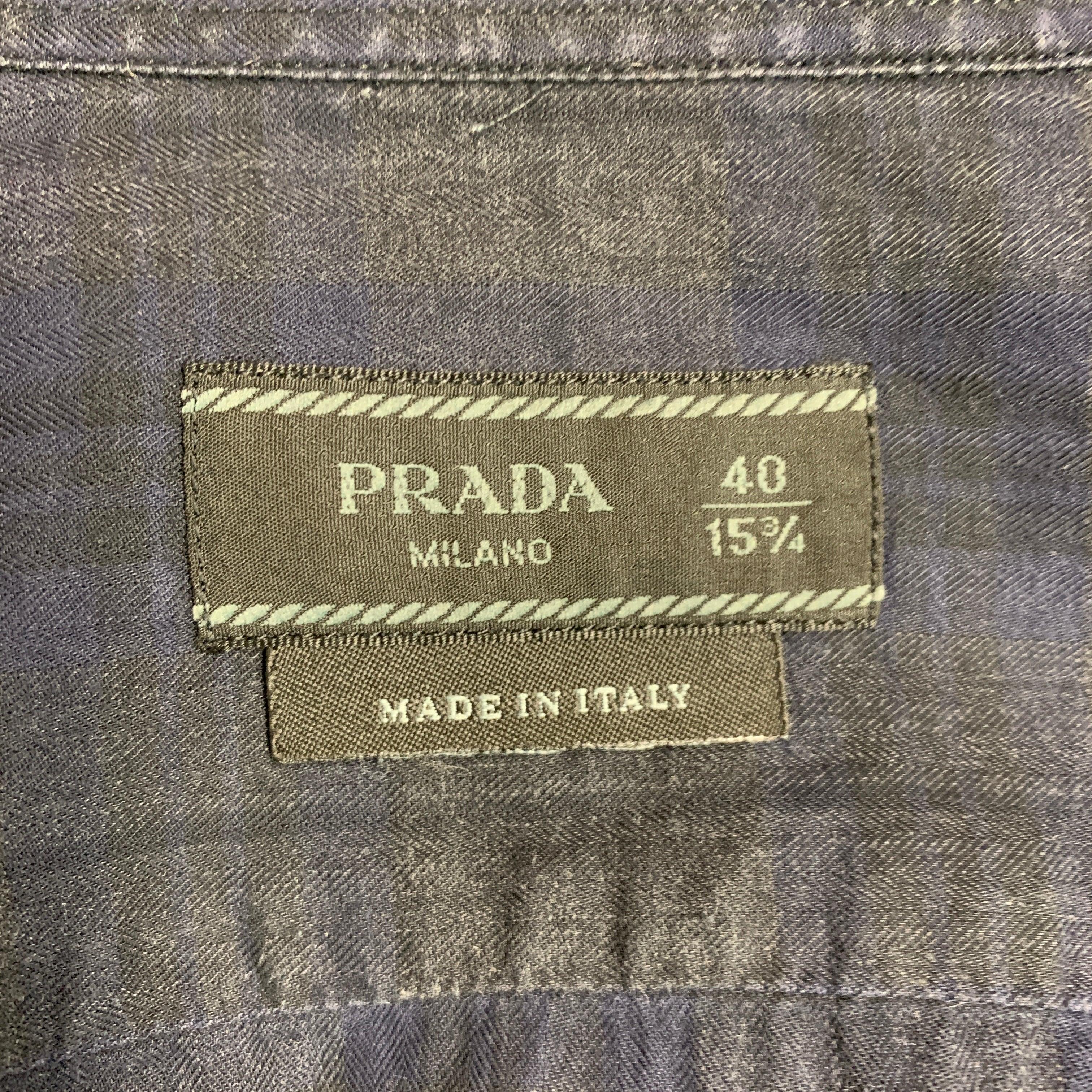 PRADA Size M Charcoal Navy Plaid Cotton Button Up Long Sleeve Shirt For Sale 1
