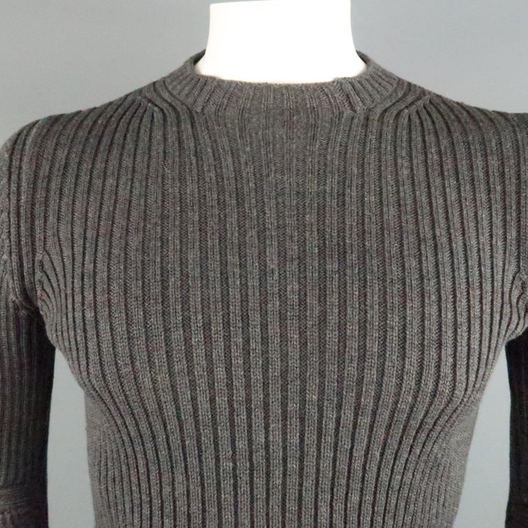 PRADA Size M Gray Ribbed Wool Crew-Neck Sweater For Sale at 1stdibs