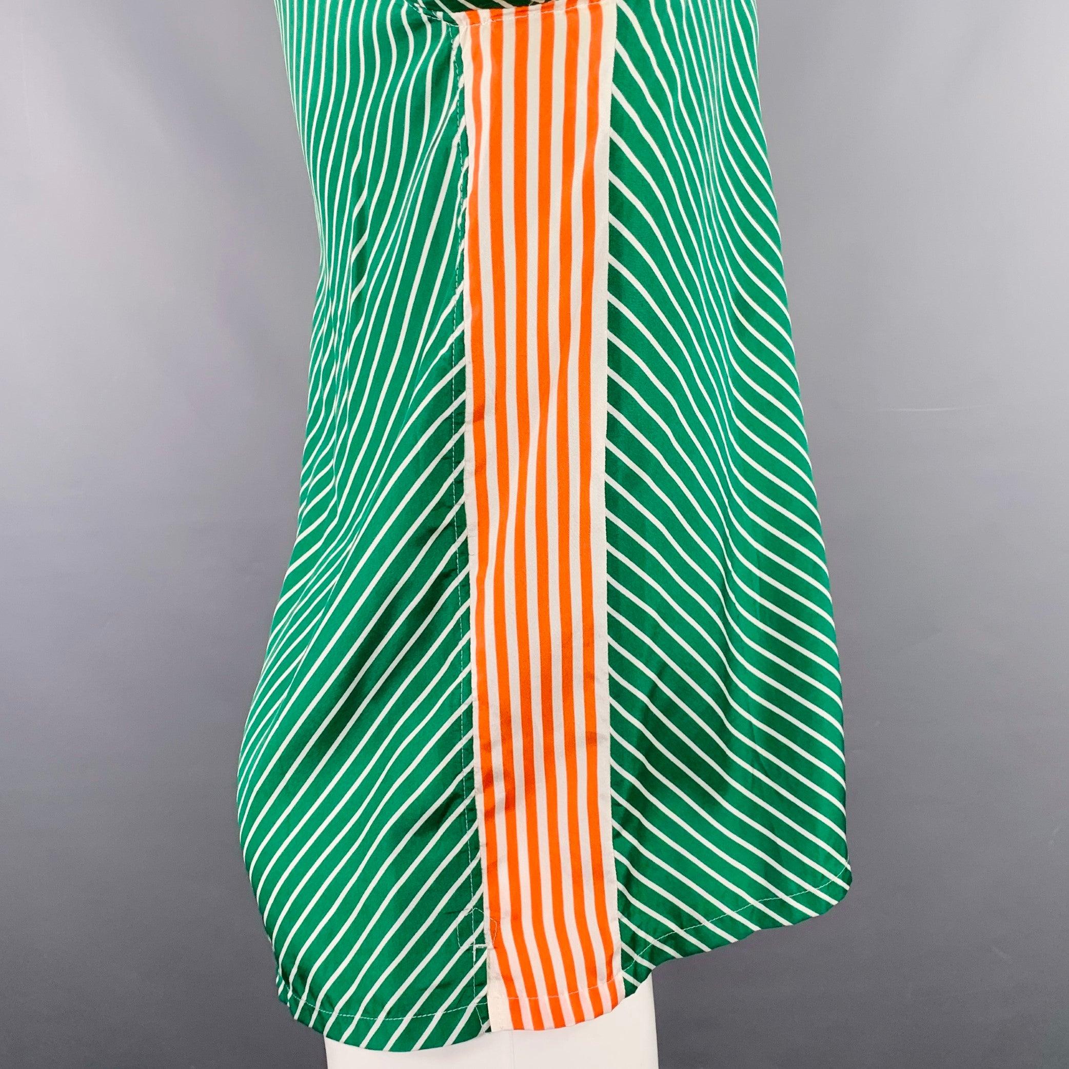 Blue PRADA Size M Green White Stripe Silk One Pocket Long Sleeve Shirt