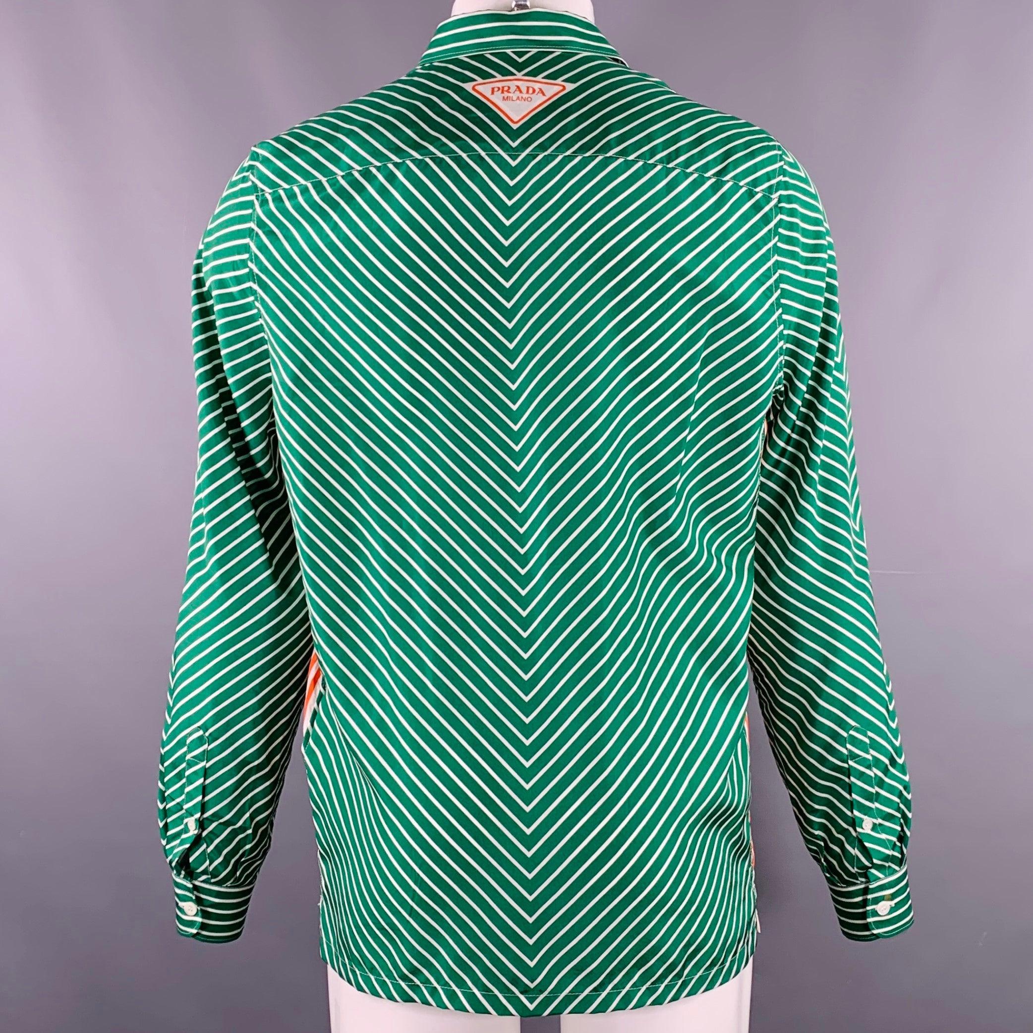 PRADA Size M Green White Stripe Silk One Pocket Long Sleeve Shirt In Excellent Condition In San Francisco, CA