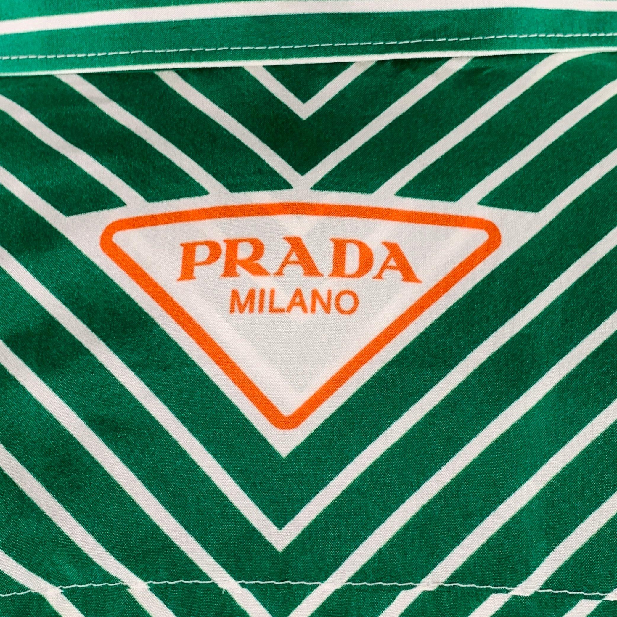 Men's PRADA Size M Green White Stripe Silk One Pocket Long Sleeve Shirt