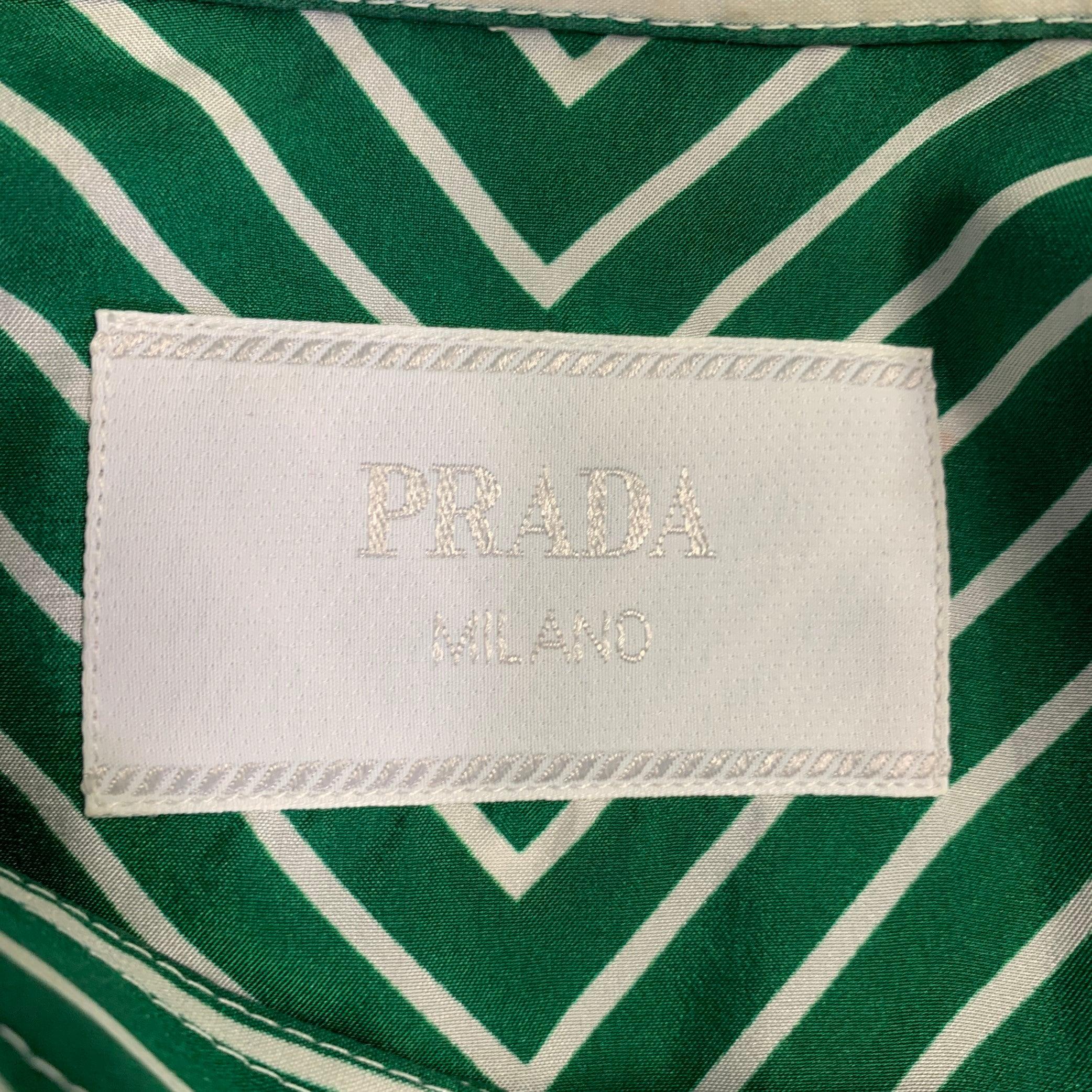 PRADA Size M Green White Stripe Silk One Pocket Long Sleeve Shirt 1