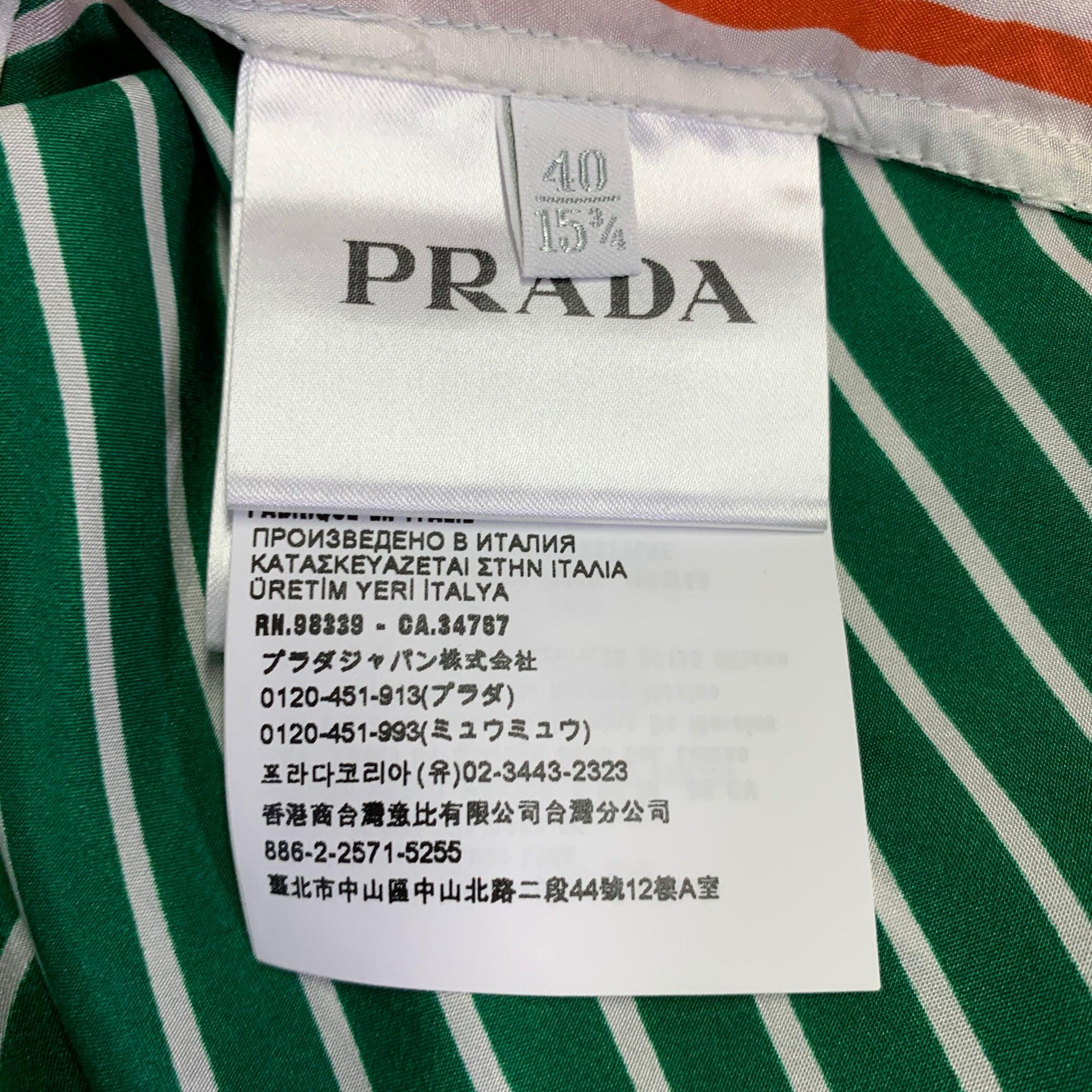 PRADA Size M Green White Stripe Silk One Pocket Long Sleeve Shirt 2