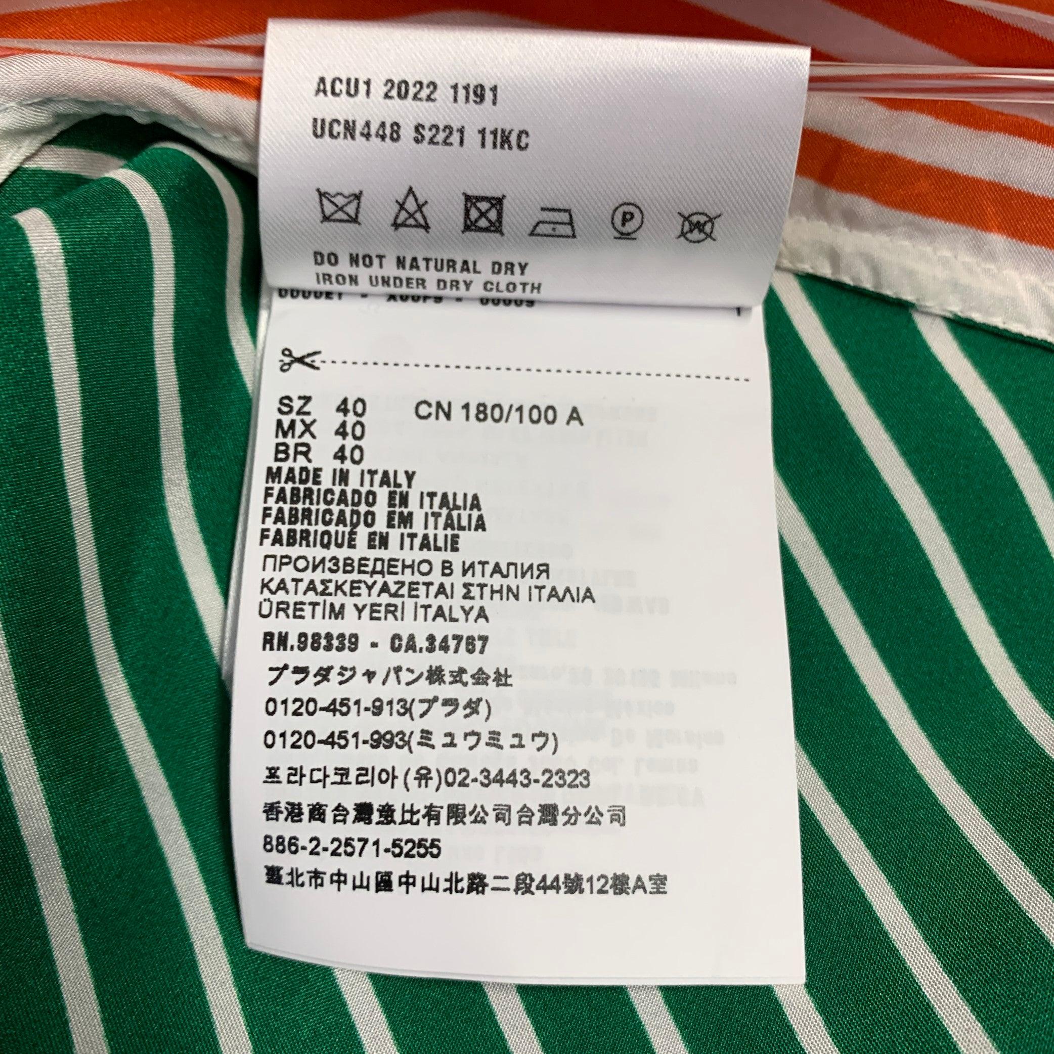 PRADA Size M Green White Stripe Silk One Pocket Long Sleeve Shirt 3
