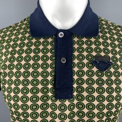 PRADA Size M Navy Beige & Green Circle Print Cotton Buttoned Polo