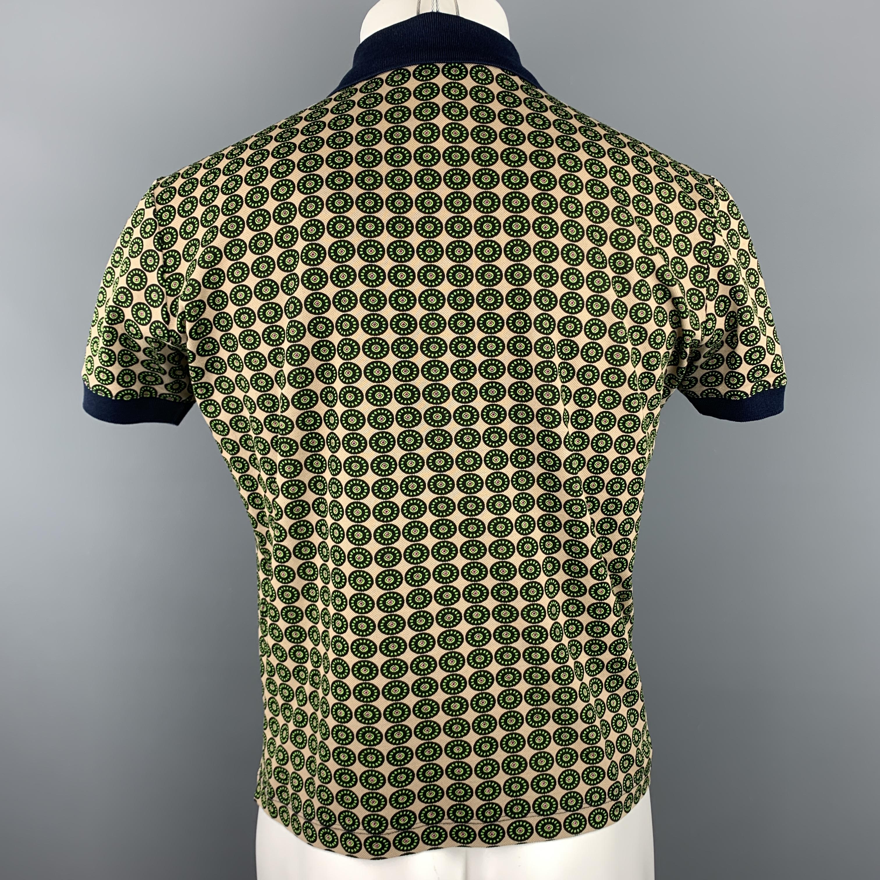 PRADA Size M Navy Beige & Green Circle Print Cotton Buttoned Polo In Excellent Condition In San Francisco, CA