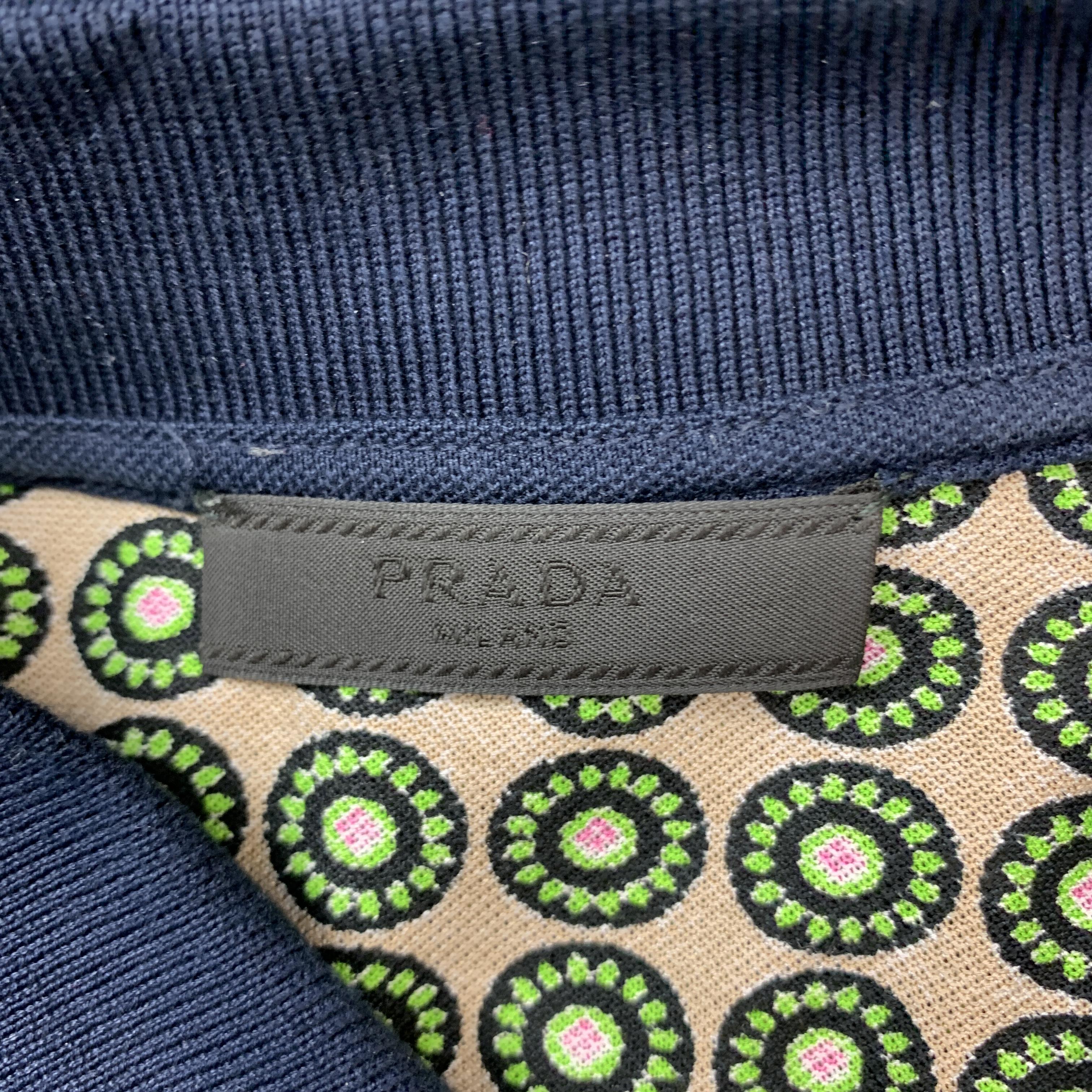Men's PRADA Size M Navy Beige & Green Circle Print Cotton Buttoned Polo
