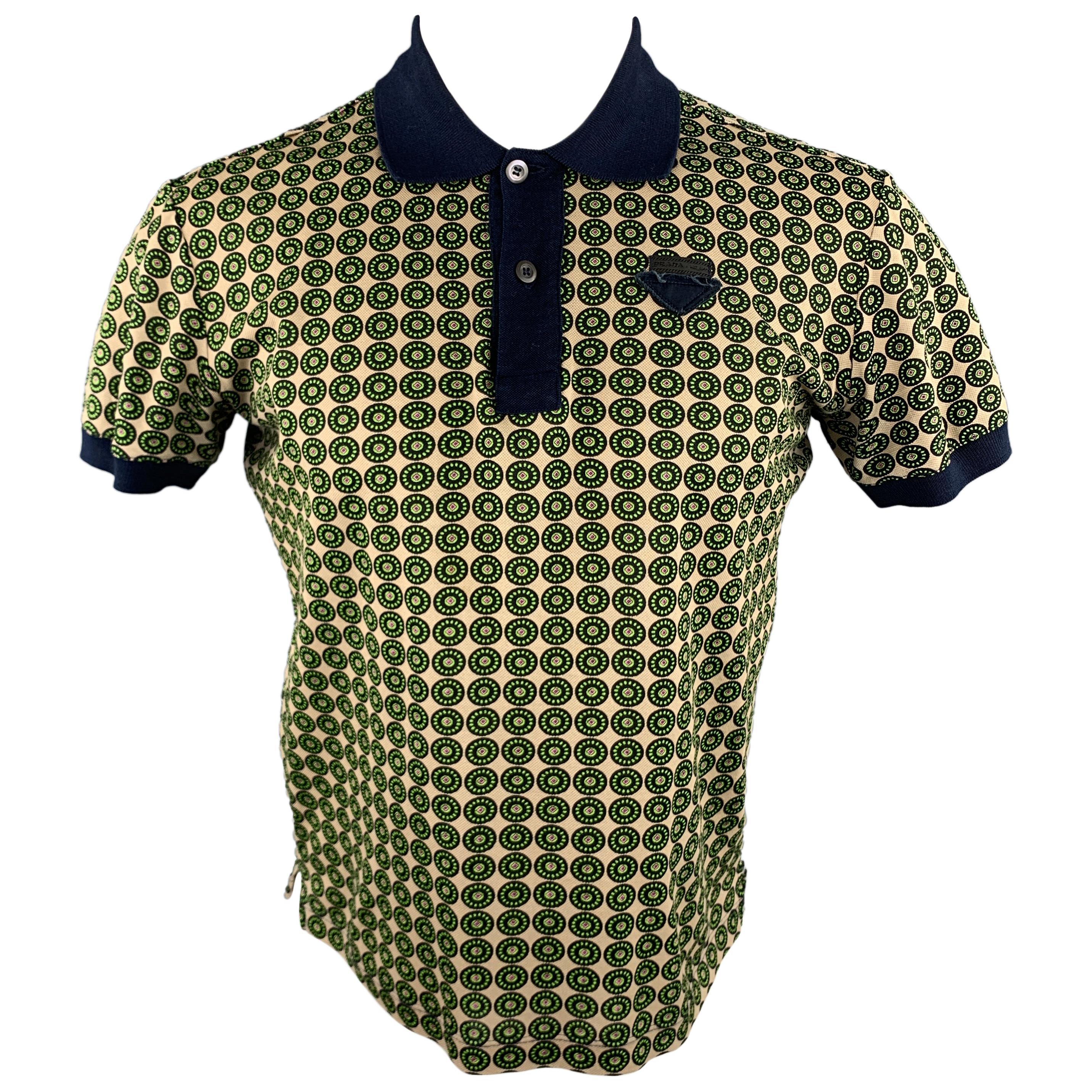 PRADA Size M Navy Beige & Green Circle Print Cotton Buttoned Polo