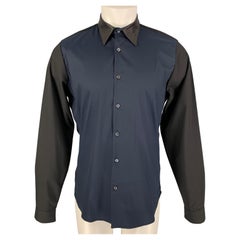 PRADA Size M Navy & Black Color Block Cotton Blend Mixed Fabrics Shirt