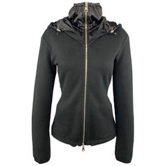 PRADA Size S Black Cotton / Cashmere High Satin Neck Hooded Sweatshirt