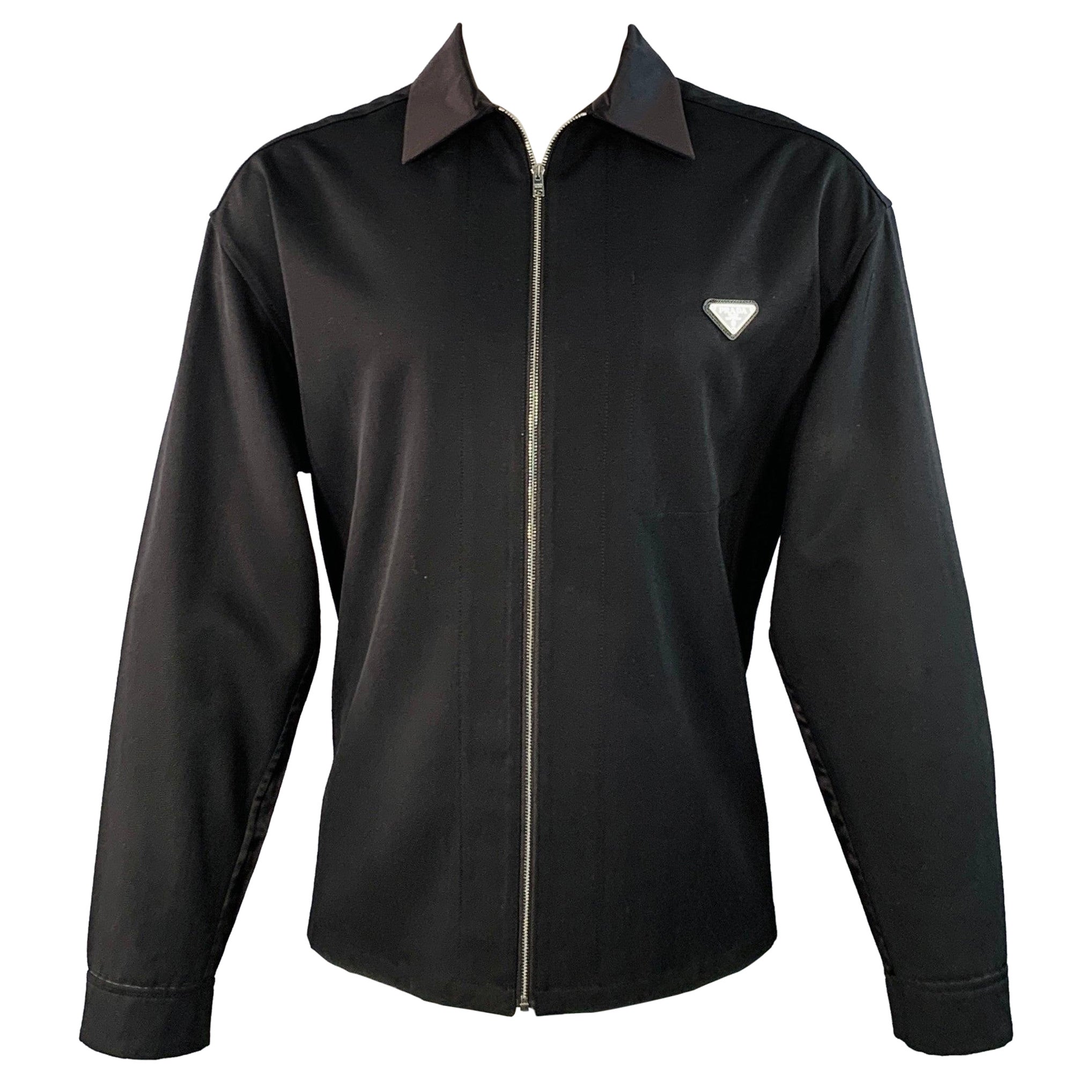 PRADA Taglia S Nero Lana Vergine Twill Colletto a contrasto Zip Up & Up