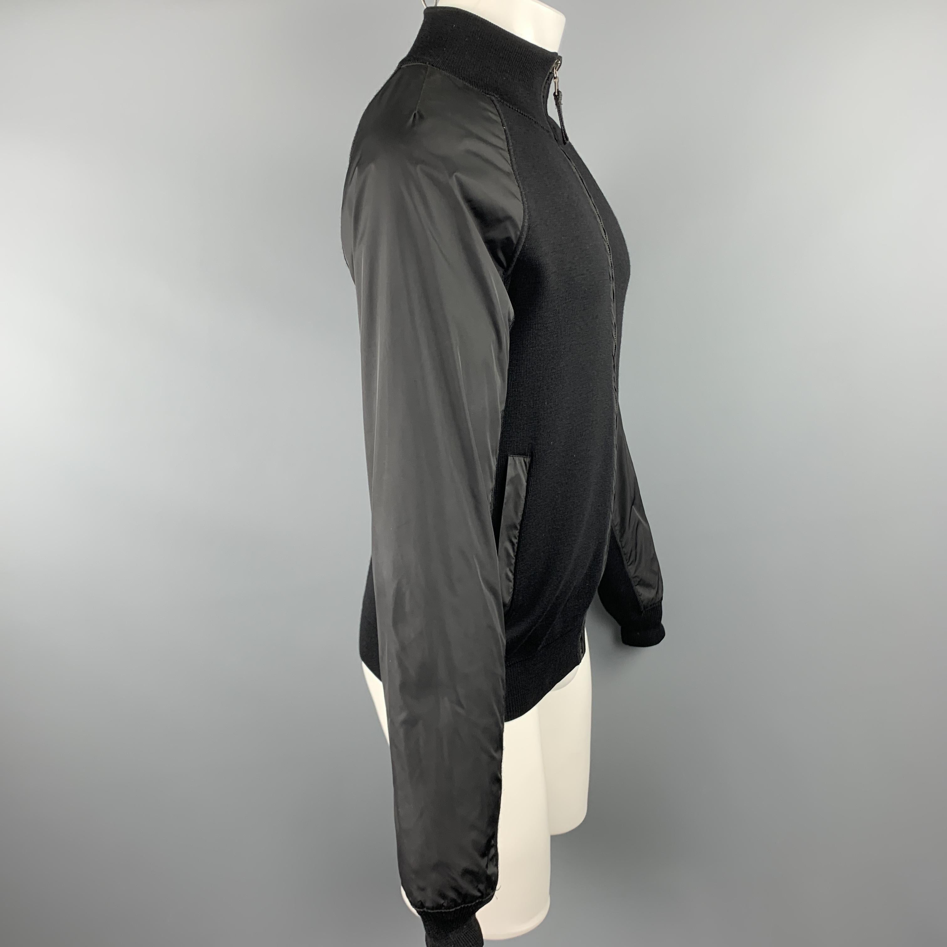 Men's PRADA Size S Black Wool Knit Nylon Panel Zip Up Jacket